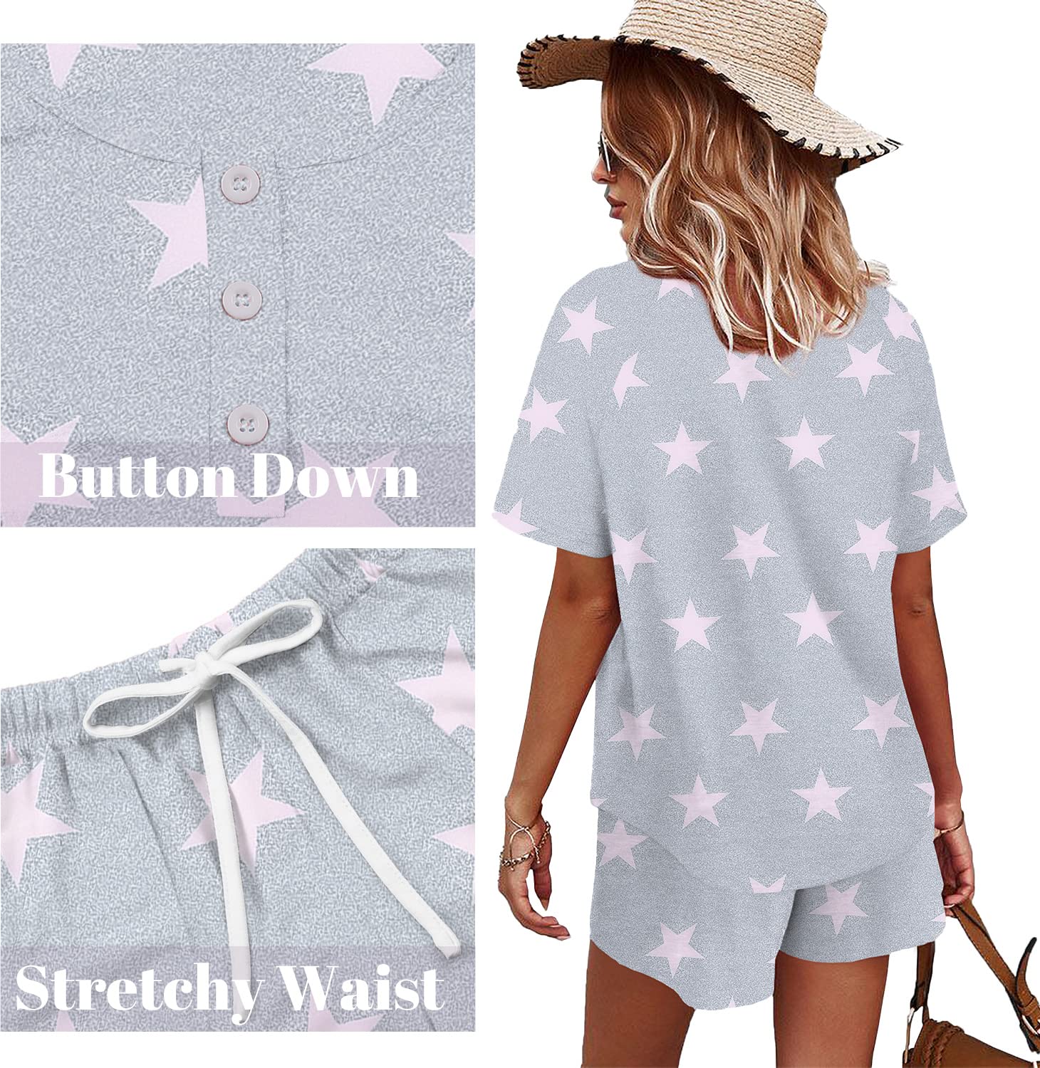 WIHOLL Women's 2-Piece Lounge Set - Button Down Top & Shorts with Pockets | Comfortable Sweatsuit for Home, Travel & Relaxation