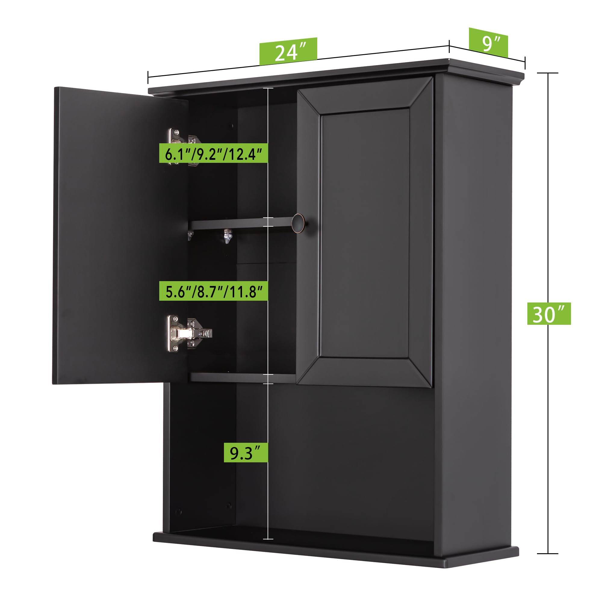 24x30 Inch Black Wooden Over Toilet Bathroom Wall Cabinet with Adjustable Shelf & Soft Hinge - 2-Door Wall Mounted Medicine Storage Cabinet with Metal Handle for Bathroom Organization & Small Space Saving
