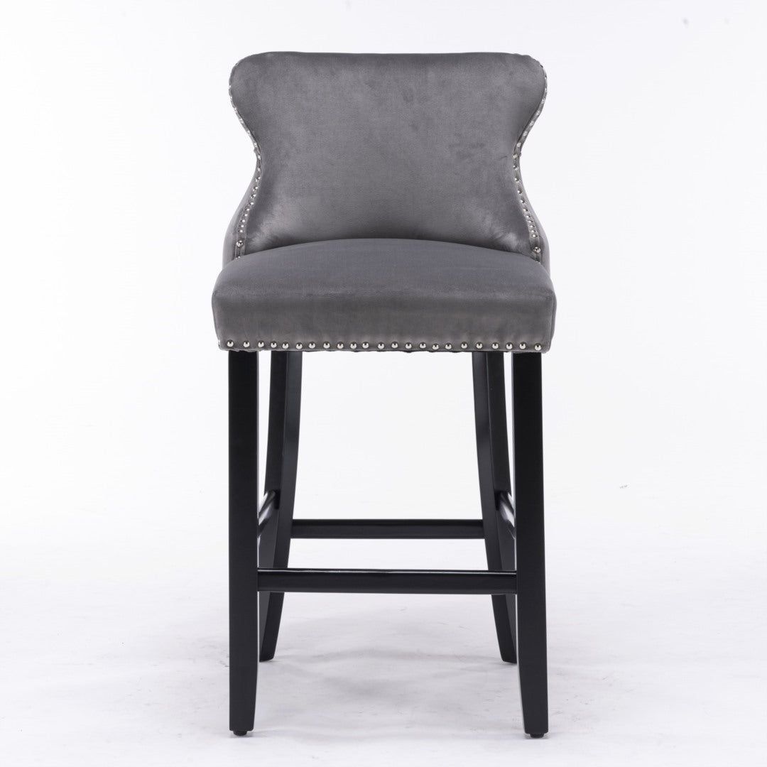 Velvet Upholstered Button Tufted Bar Stools with Wood Legs - Set of 4 Grey Barstools for Kitchen Island, Breakfast Nook & Home Bar Decor
