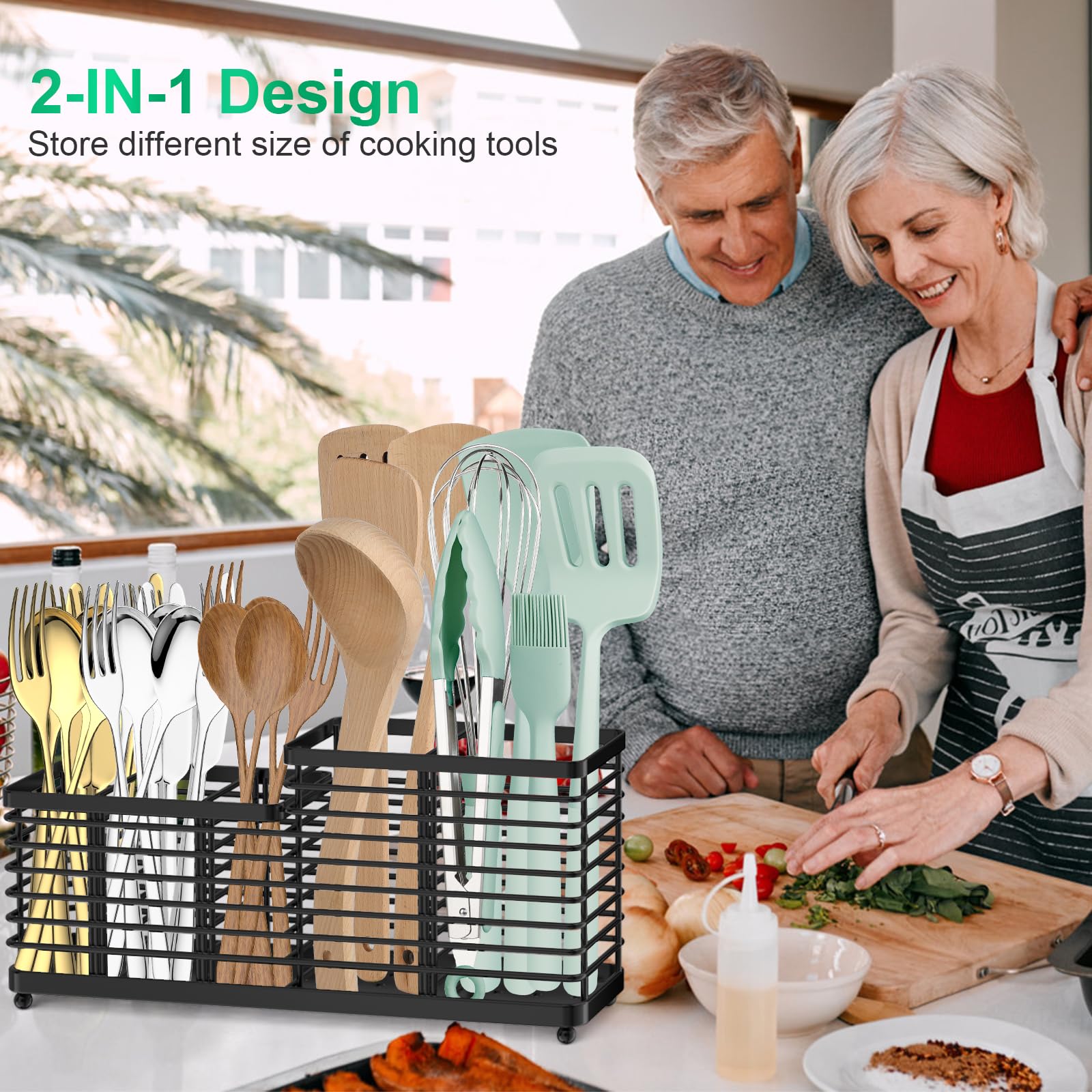 TomCare Extra Large Utensil Holder - Sturdy Metal Kitchen Organizer with 3 Removable Dividers for Spoons, Spatulas & Cutlery - Countertop Storage Caddy for Cooking Tools (Black) | Perfect for Kitchen Counter Organization & Easy Utensil Access While Cooking