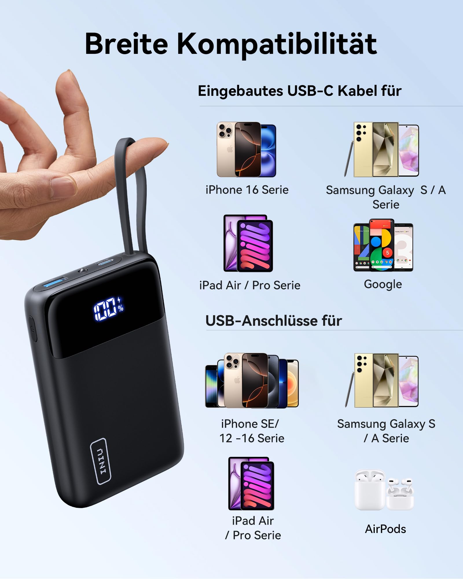 INIU 45W 20000mAh Mini Power Bank with Built-in USB-C Cable | PD 3.0 QC 4.0 Fast Charging | Compact & Powerful Portable Charger for iPhone 15/14/13/12 Pro Max, Samsung, iPad | Perfect for Travel, Camping & Daily Use