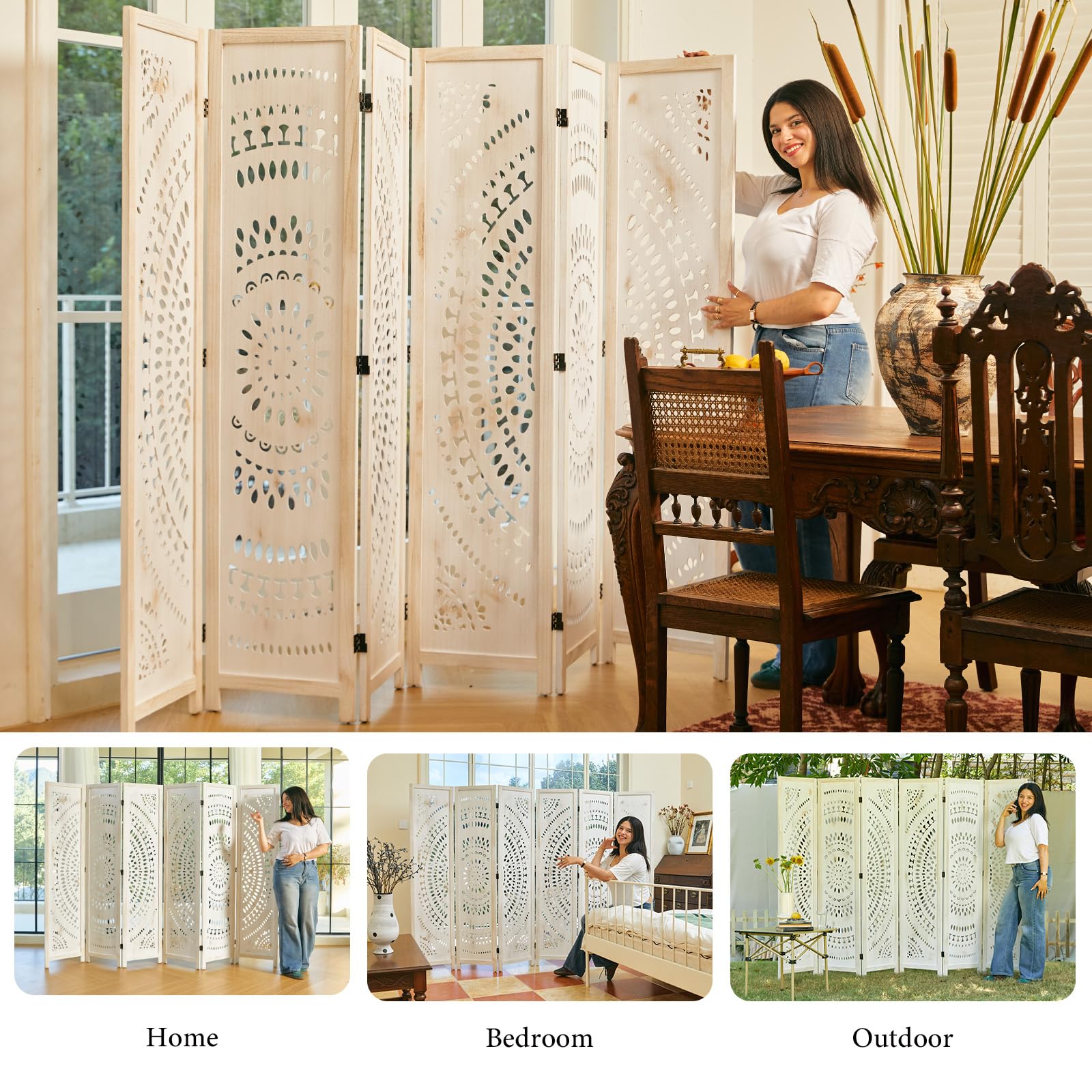 Handcrafted Wooden Room Divider - 6 Panel Folding Partition Screen with Bohemian Carvings, Antique White Finish for Home, Office & Outdoor Spaces | Perfect for Privacy, Room Separation & Decoration in Living Rooms, Bedrooms, Gardens & Terraces