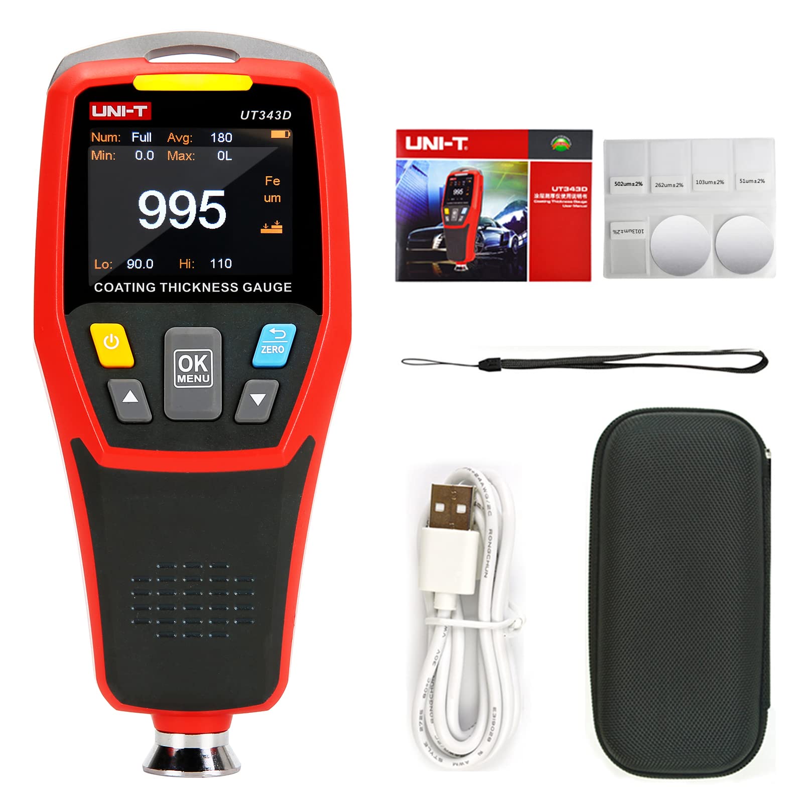 UT343D Digital Coating Thickness Gauge 0.1 Micron to 1250μm - Automotive Paint & Film Thickness Tester for Car, Truck, Metal Surface Inspection | Perfect for Auto Body Shops, Quality Control & Industrial Applications