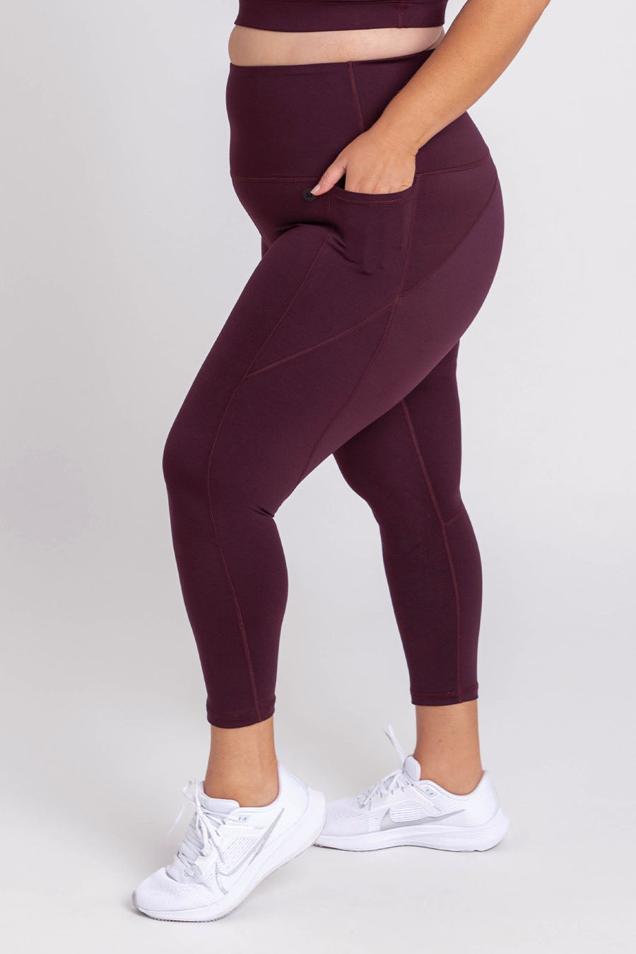 Training Pocket Move 7/8 Leggings for Women - High Waist Yoga Pants with Side Pockets - Wine Red Workout Tights for Running, Gym & Lounge
