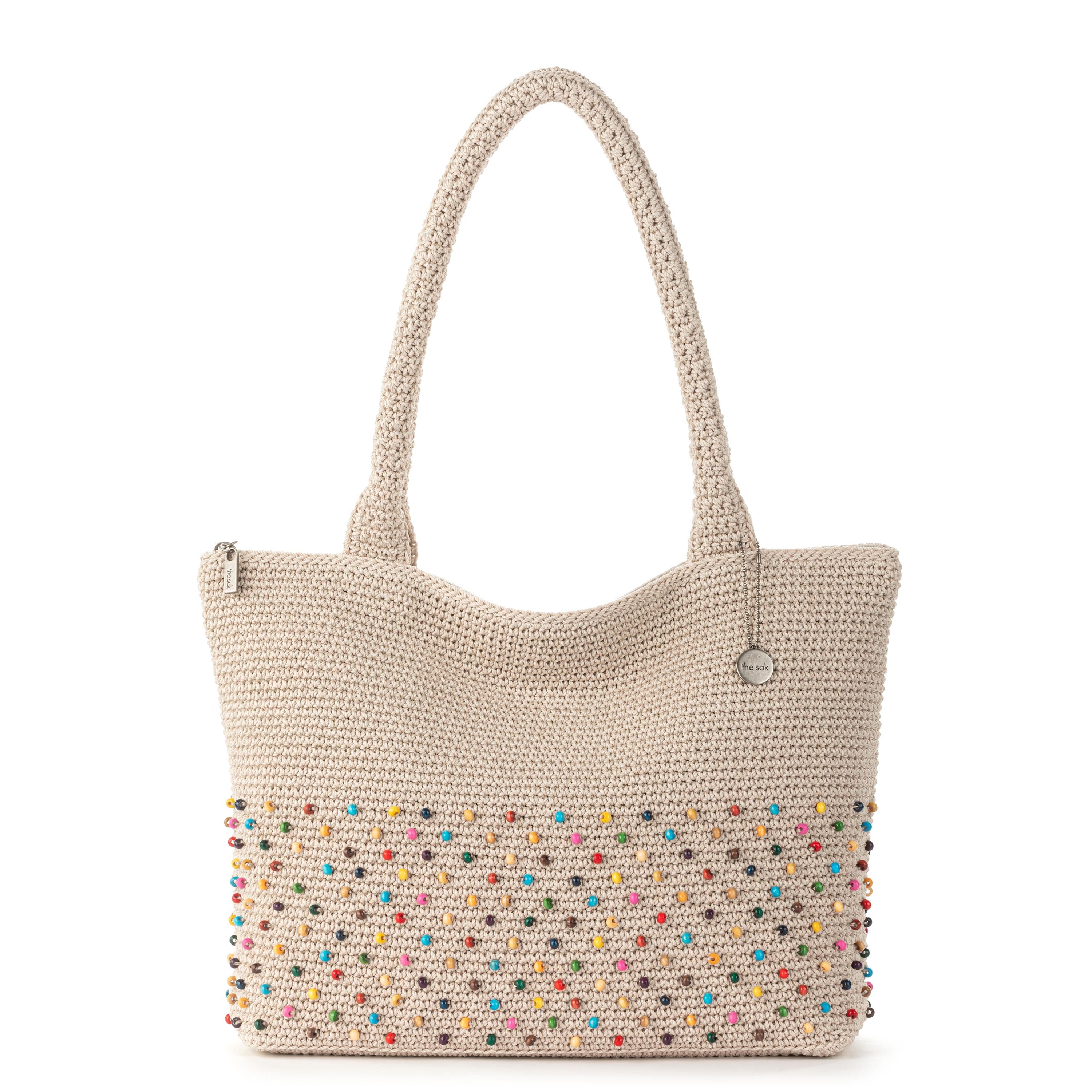 Hand Crochet Ecru Multi Bead Classic Carryall Tote Bag - Perfect for Beach, Travel, and Everyday Use