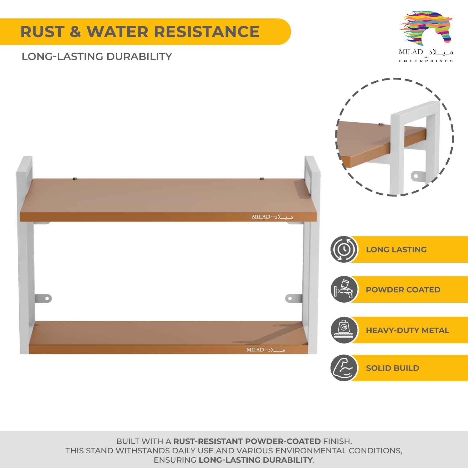 Stainless Steel Wall Mount Microwave Stand & OTG Shelf - Golden & White Kitchen Storage Rack with Spice Organizer (OS-12) - Space Saving Solution for Small Kitchens & Apartments
