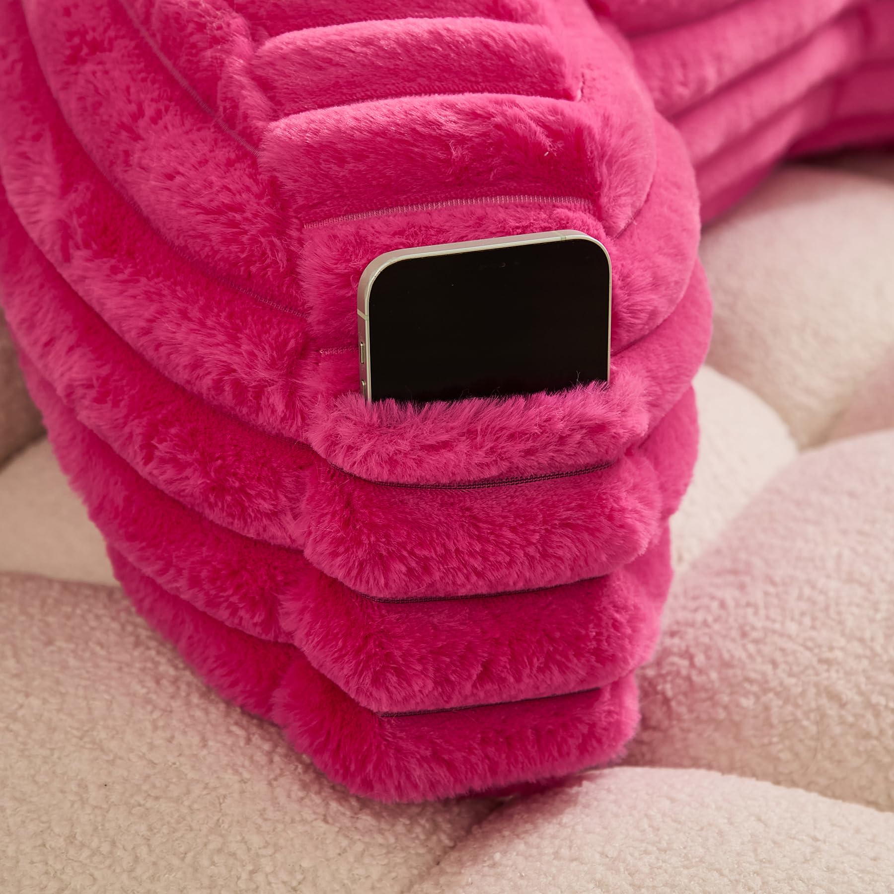 WERDIM Faux Fur Reading Pillow with Arms and Pockets - Comfortable Bed Rest Pillow for Sitting in Bed, Sofa or Floor (Standard Size, Hot Pink) - Perfect for Reading, Watching TV, Gaming and Relaxing