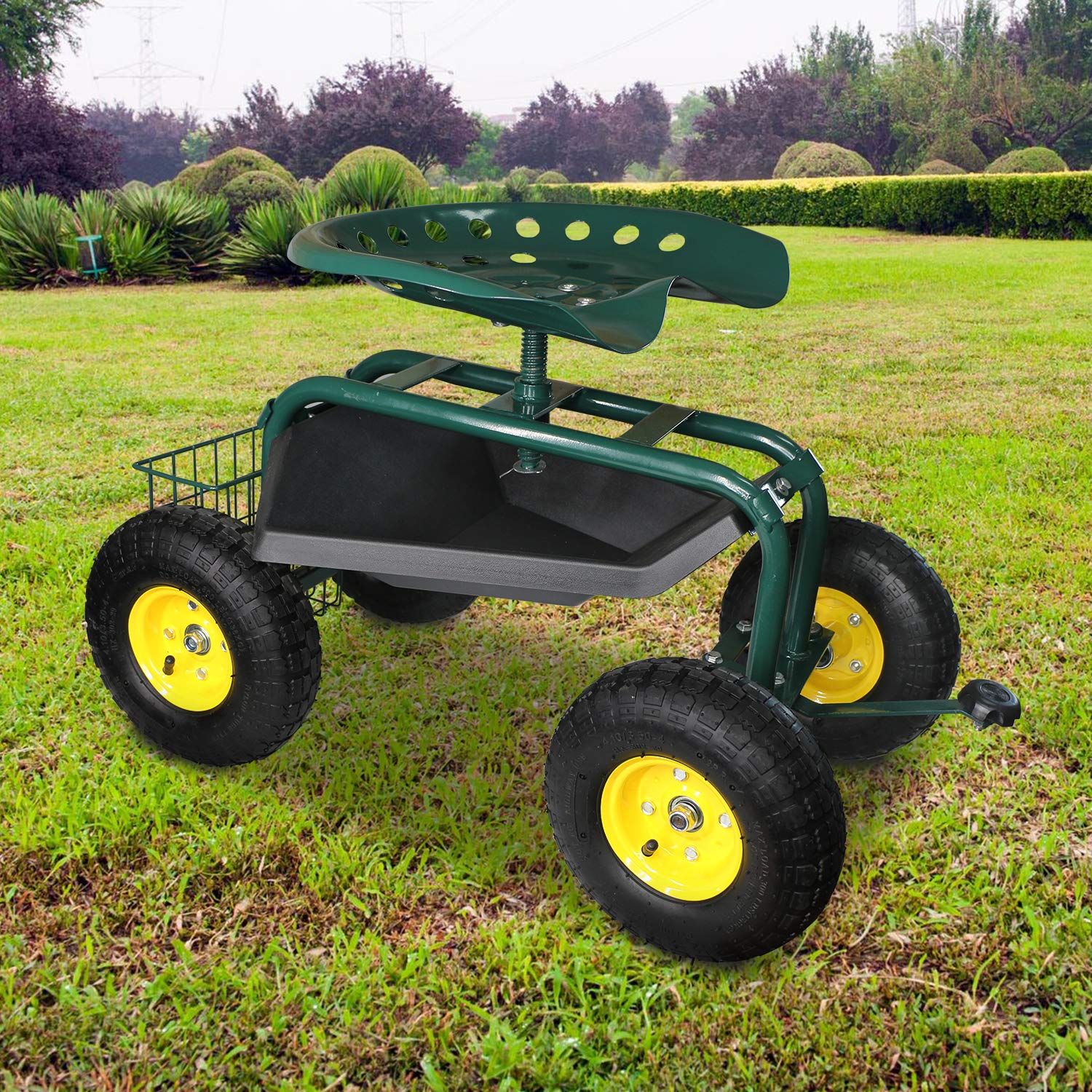 Rolling Garden Workseat with Steerable Wheels & Tool Tray - Adjustable Gardening Stool with Storage Basket for Planting, Weeding (Indigo) - Perfect for Backyard, Patio & Greenhouse Work