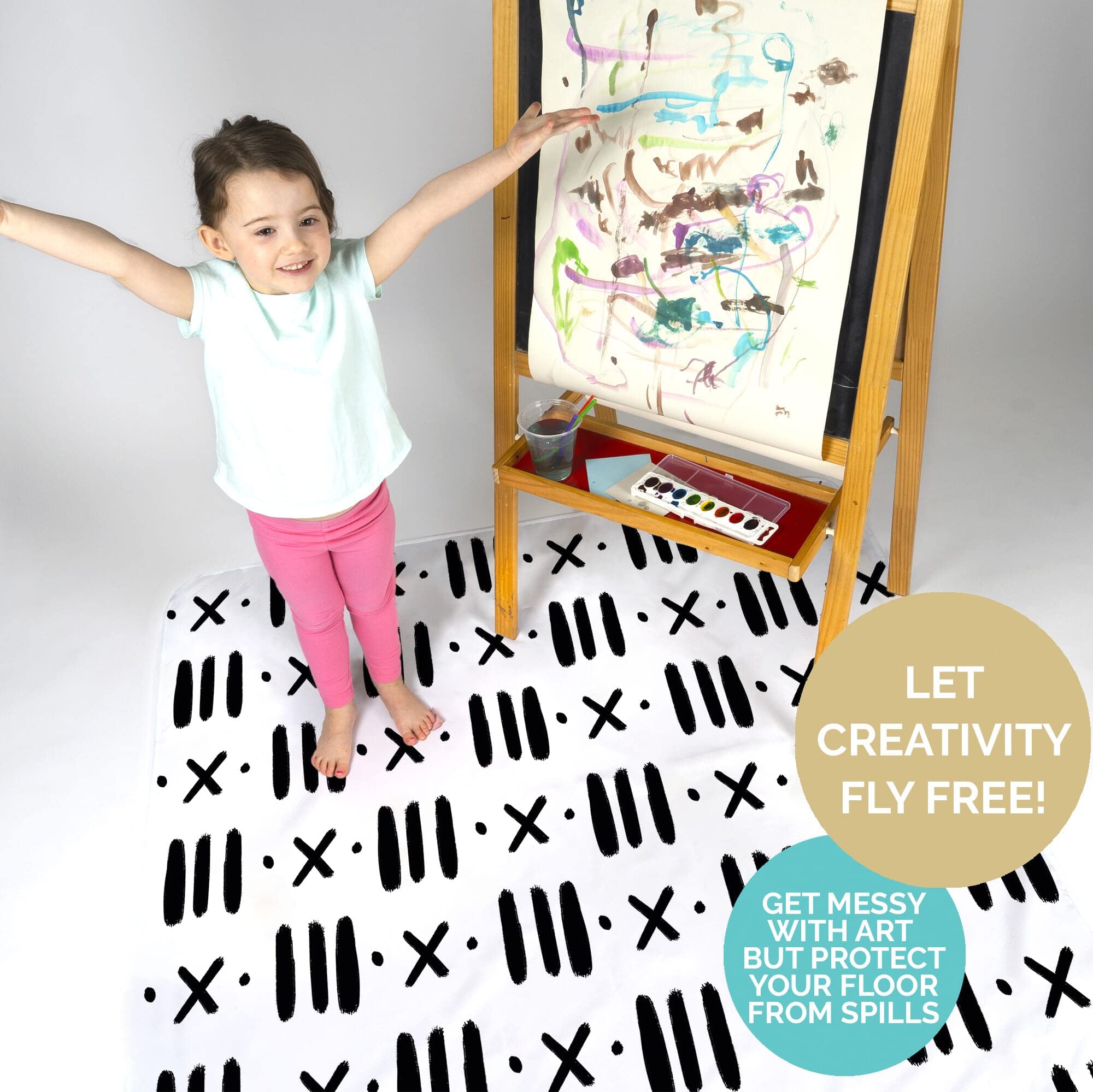 JumpOff Jo - Large 51x51 Inch Waterproof & Washable Baby Splat Mat for High Chairs, Booster Seats & Tables - Protects Floors & Carpets from Food Spills, Messy Crafts - Black & White Design - Perfect for Mealtime, Arts & Crafts, Playtime
