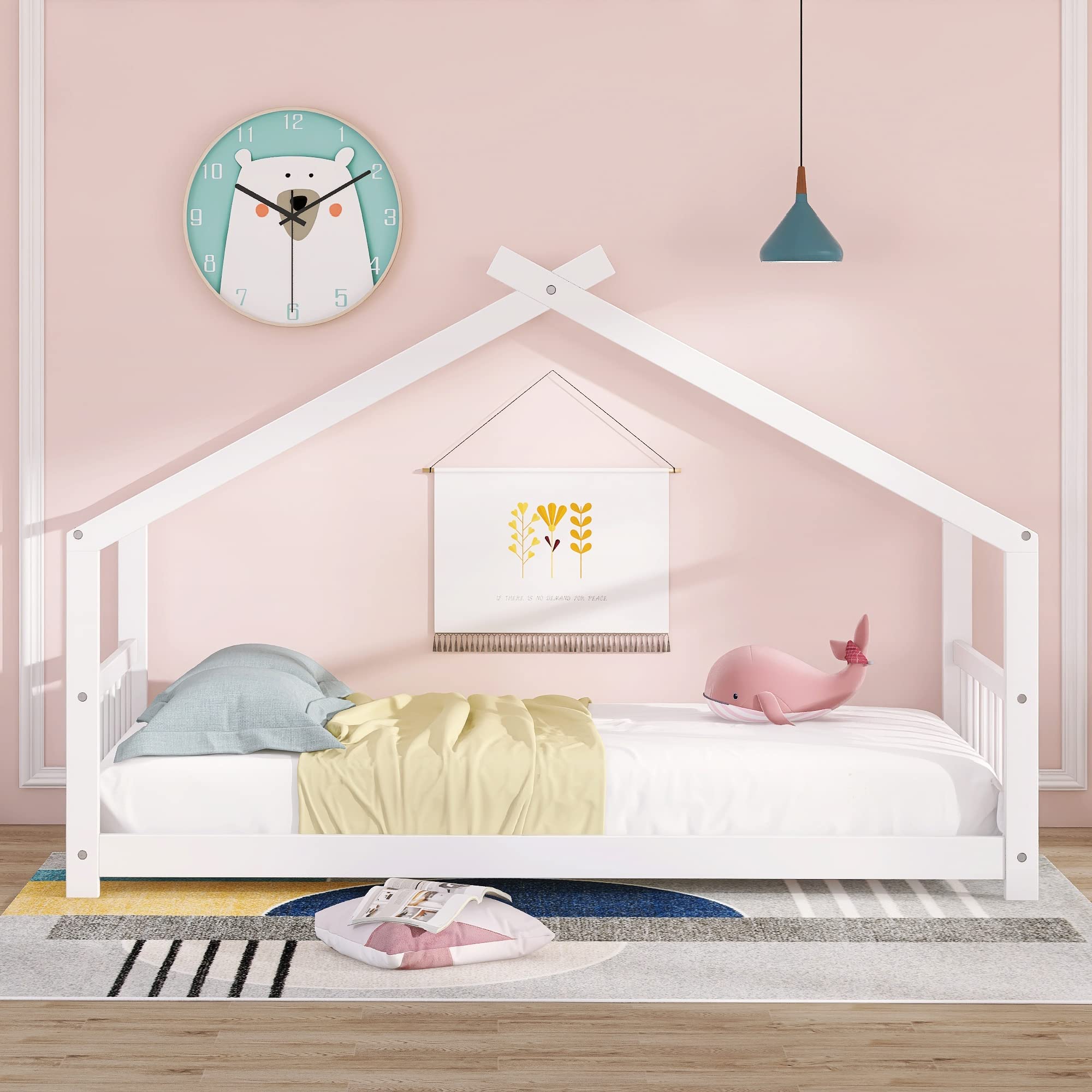 Merax White Twin Wood Low House Bed Frame with Headboard & Footboard - Easy Assembly Floor Bed for Kids, Boys & Girls - Perfect for Small Rooms, Kids' Bedrooms & Sleepovers