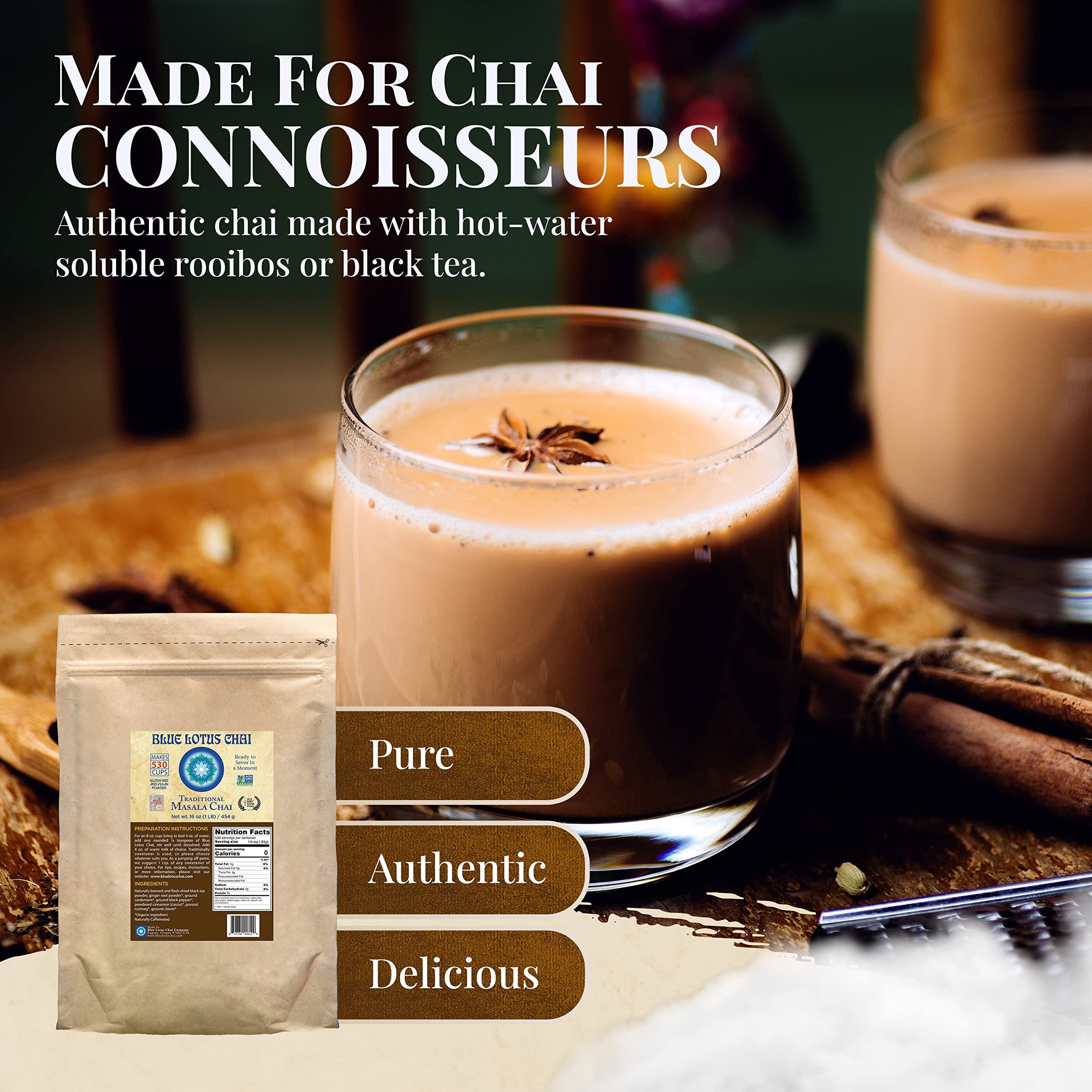 Blue Lotus Chai - Authentic Masala Chai Powder (1lb Bulk Bag) - Organic Spiced Indian Tea Mix - Makes 530 Cups - Instant, No Steeping, Gluten-Free - Perfect for Home, Office & Gifting