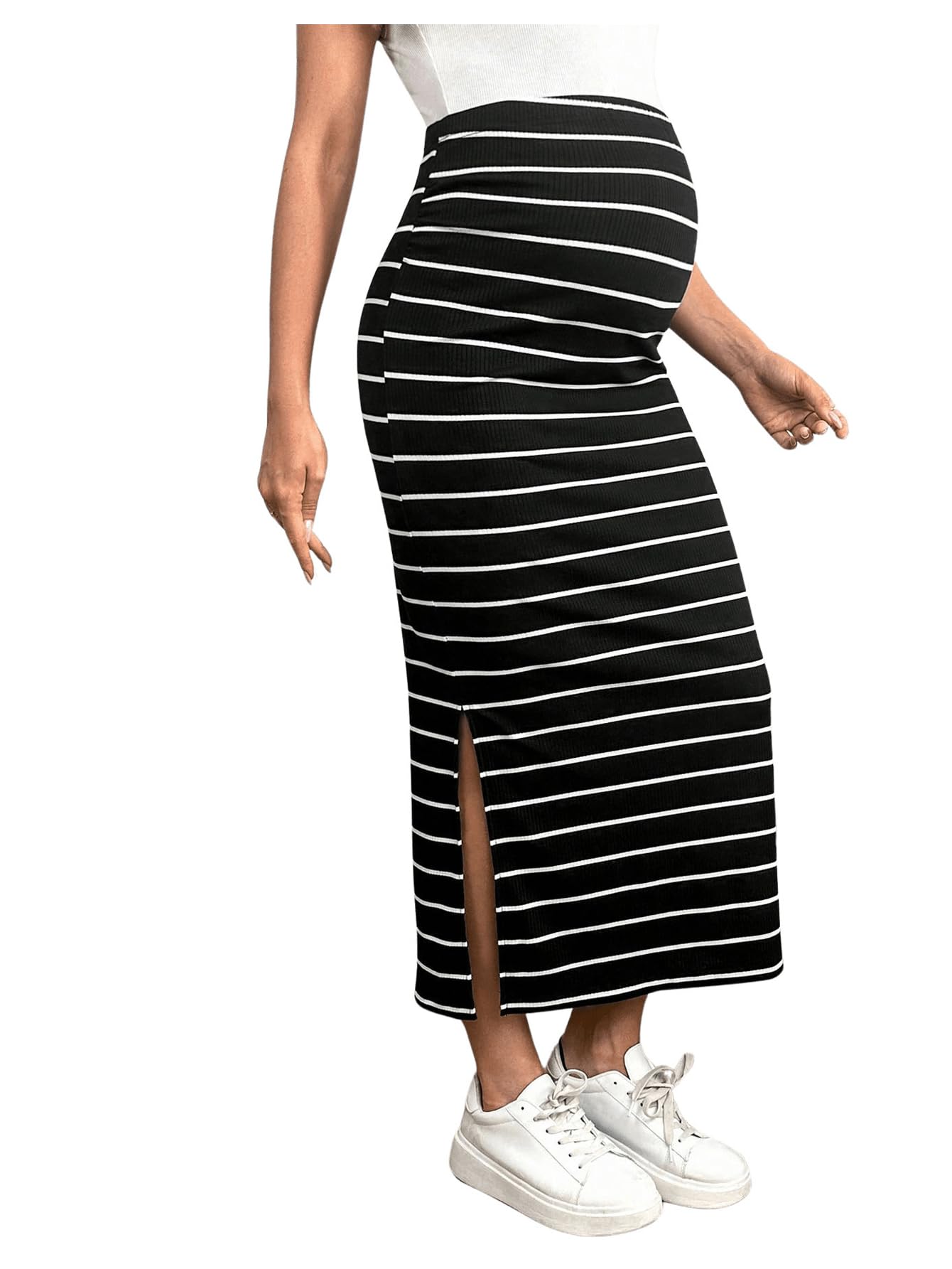 SHENHE Women's Maternity Long Striped High Waist Adjustable Split Skirt - Comfortable Pregnancy Dress for Work, Travel & Casual Wear