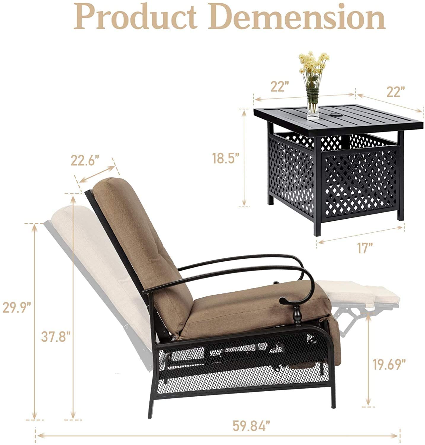 Outdoor Adjustable Lounge Chair Set - Patio Metal Recliner Sofa with Removable Cushions & Bistro Umbrella Table - 300lbs Weight Capacity (Brown) | Perfect for Backyard, Poolside, Beach & Garden Relaxation