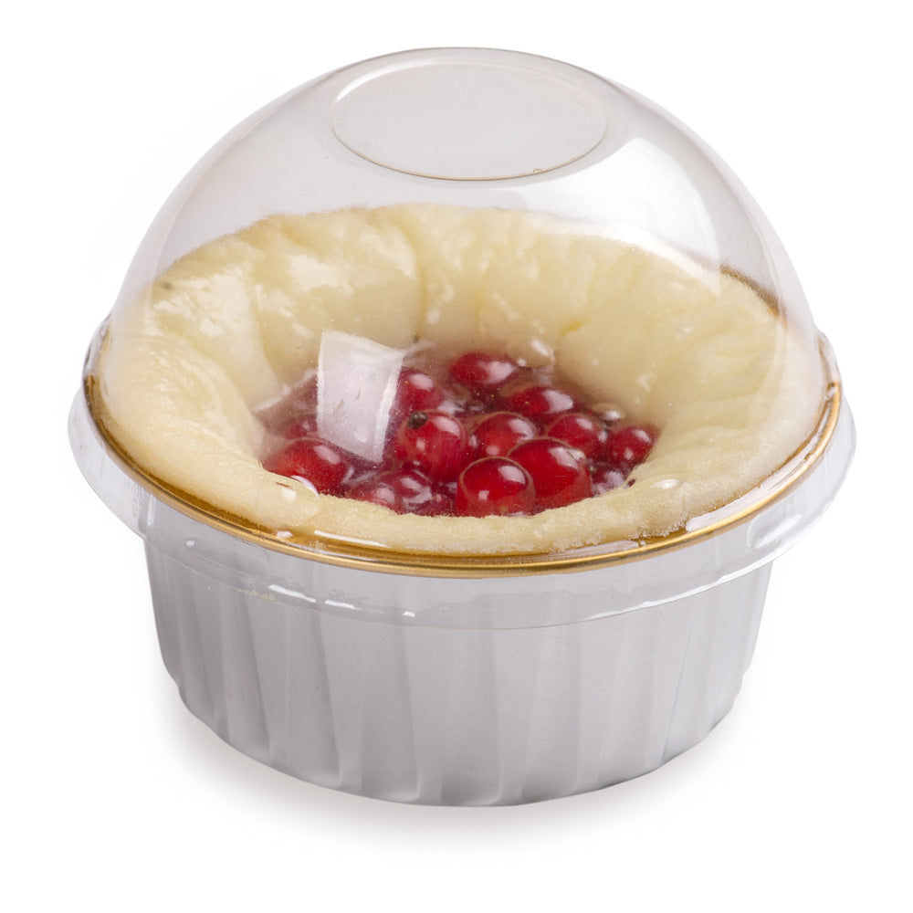 Premium 4 oz Round Silver Aluminum Baking Cups with Inner Gold Coating & Plastic Dome Lids - 3.25