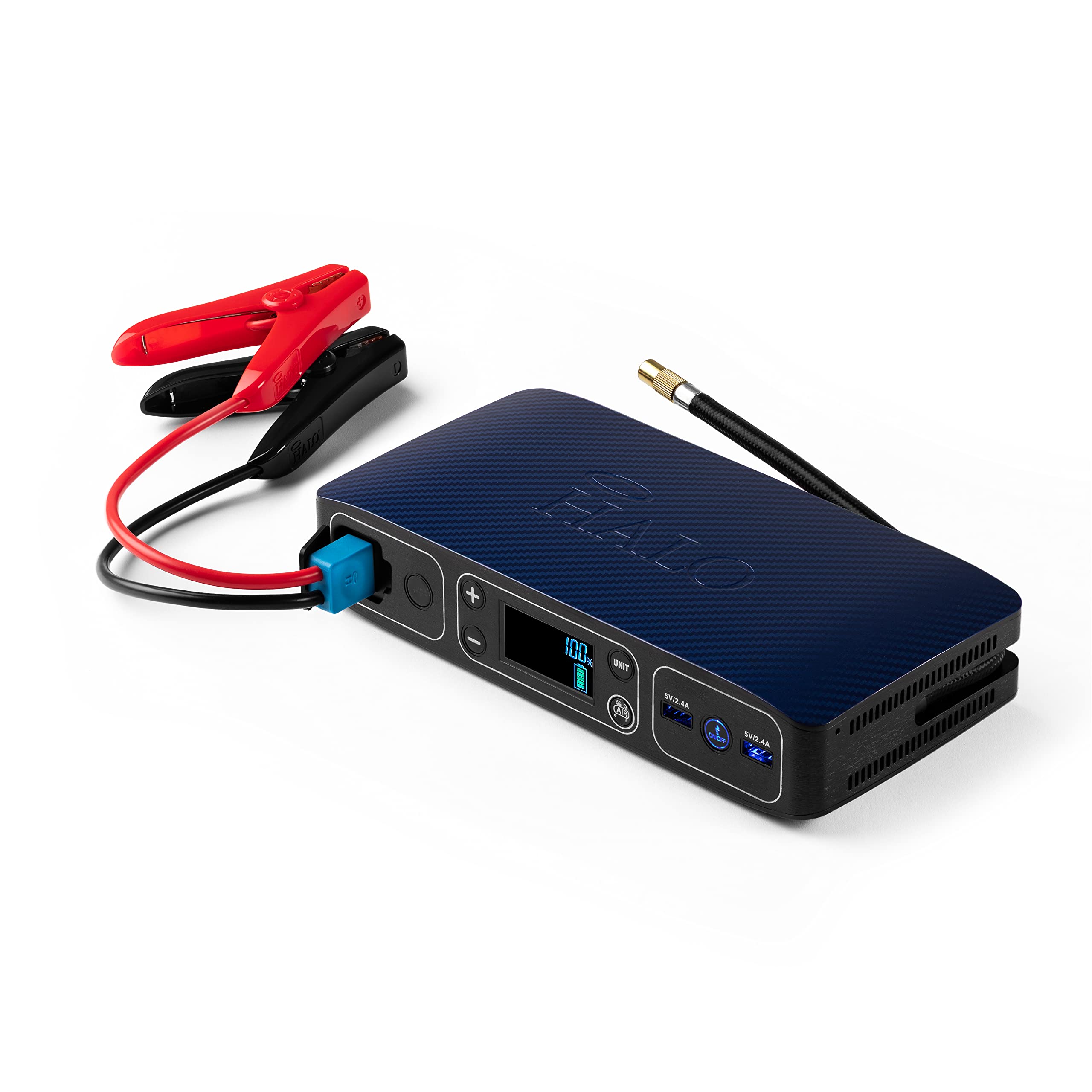 Halo Automotive Bolt Air 58830mWh Portable Jump Starter with Tire Inflator - Emergency Car Battery Charger, 4 Nozzles & Accessories Kit (Blue Graphite) - Perfect for Roadside Emergencies & Camping Power Needs