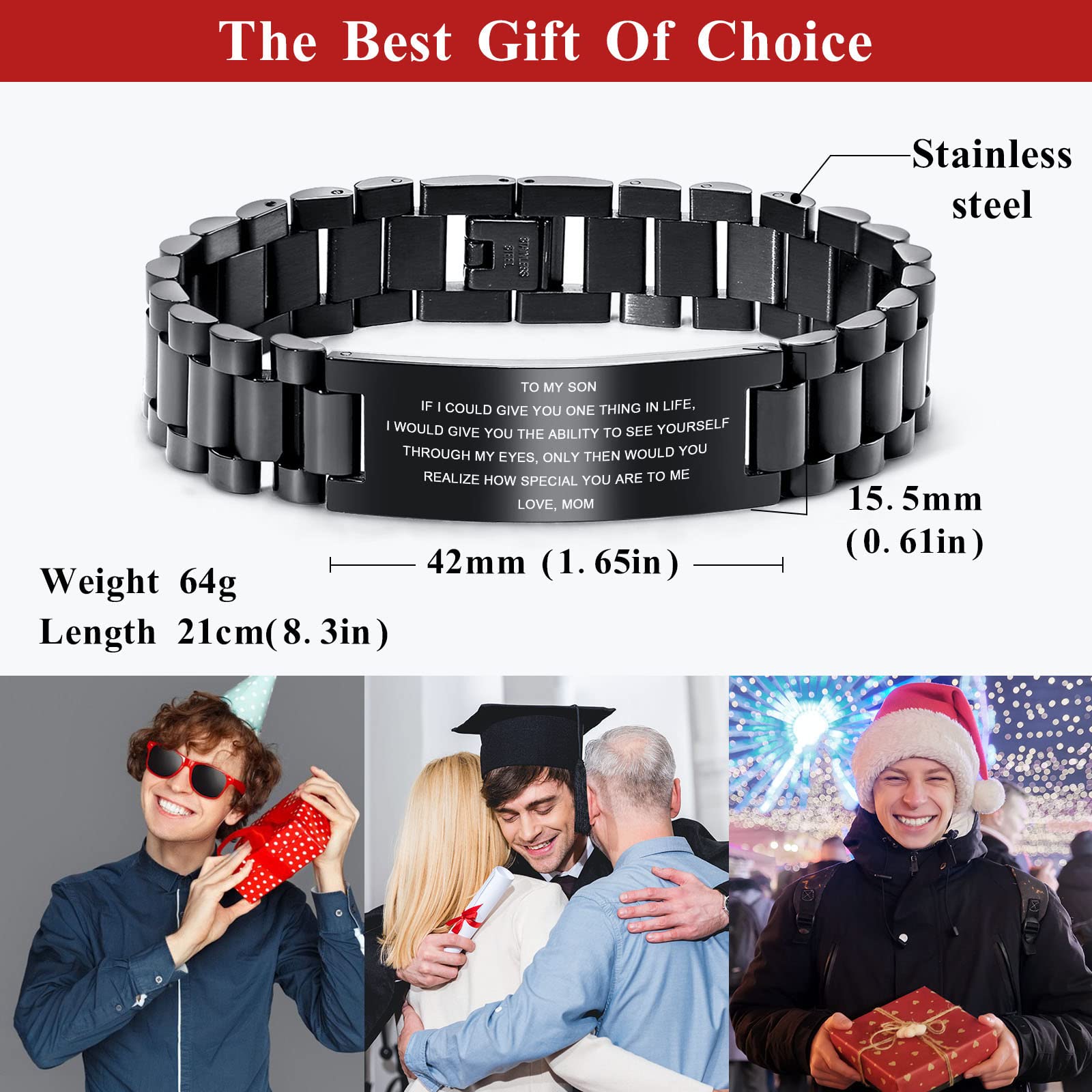 MEALGUET Inspirational Stainless Steel Bracelet for Son - Customizable Courage Link Wristband from Mom & Dad, Perfect Birthday, Graduation Gift Idea for Boys, Men, Teens - Ideal for Everyday Wear & Special Occasions