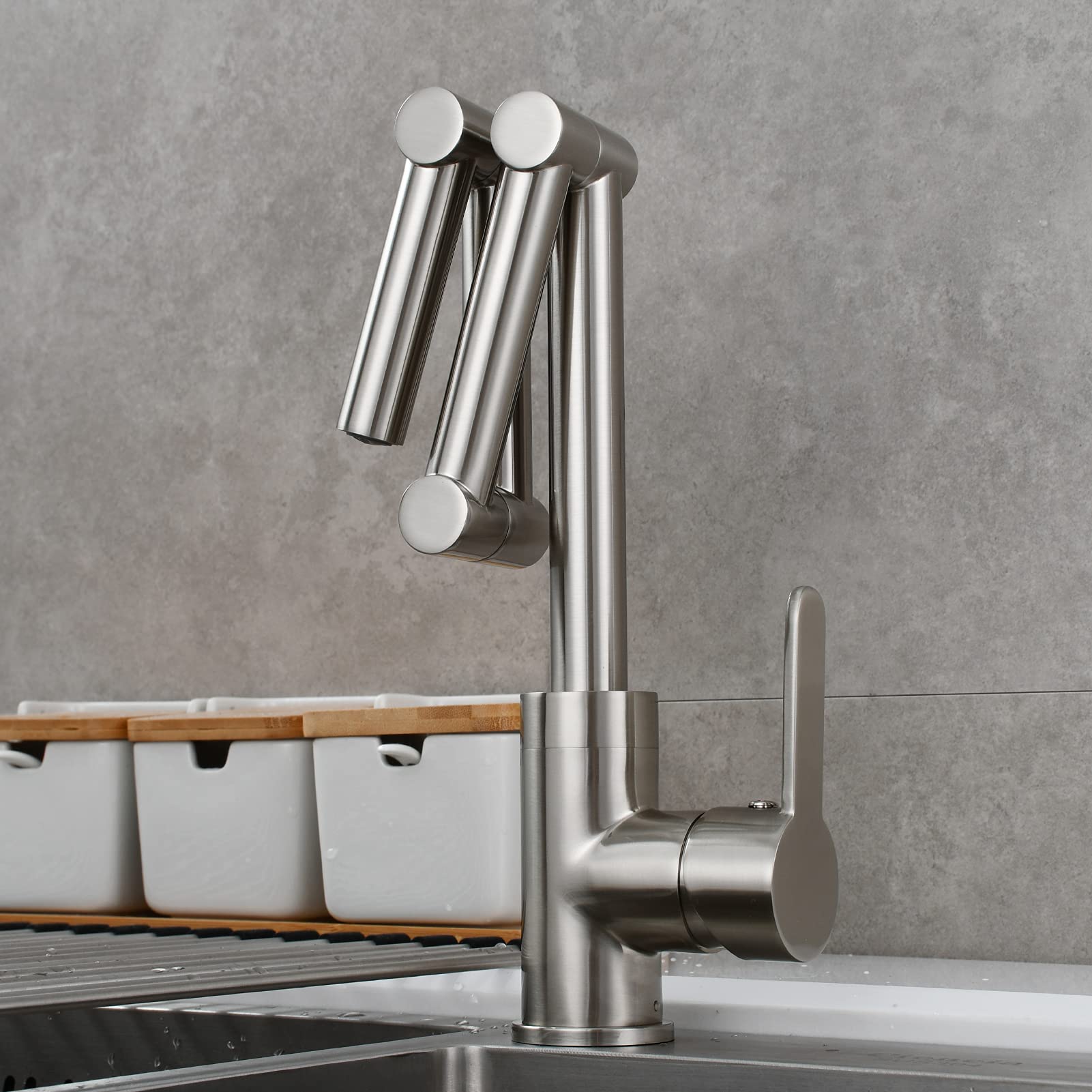 Brass Retractable Pot Filler Faucet - Single Hole Deck Mount Kitchen Sink Faucet in Brushed Nickel (BNA1231) - Perfect for Home Kitchen, Restaurant & Commercial Use
