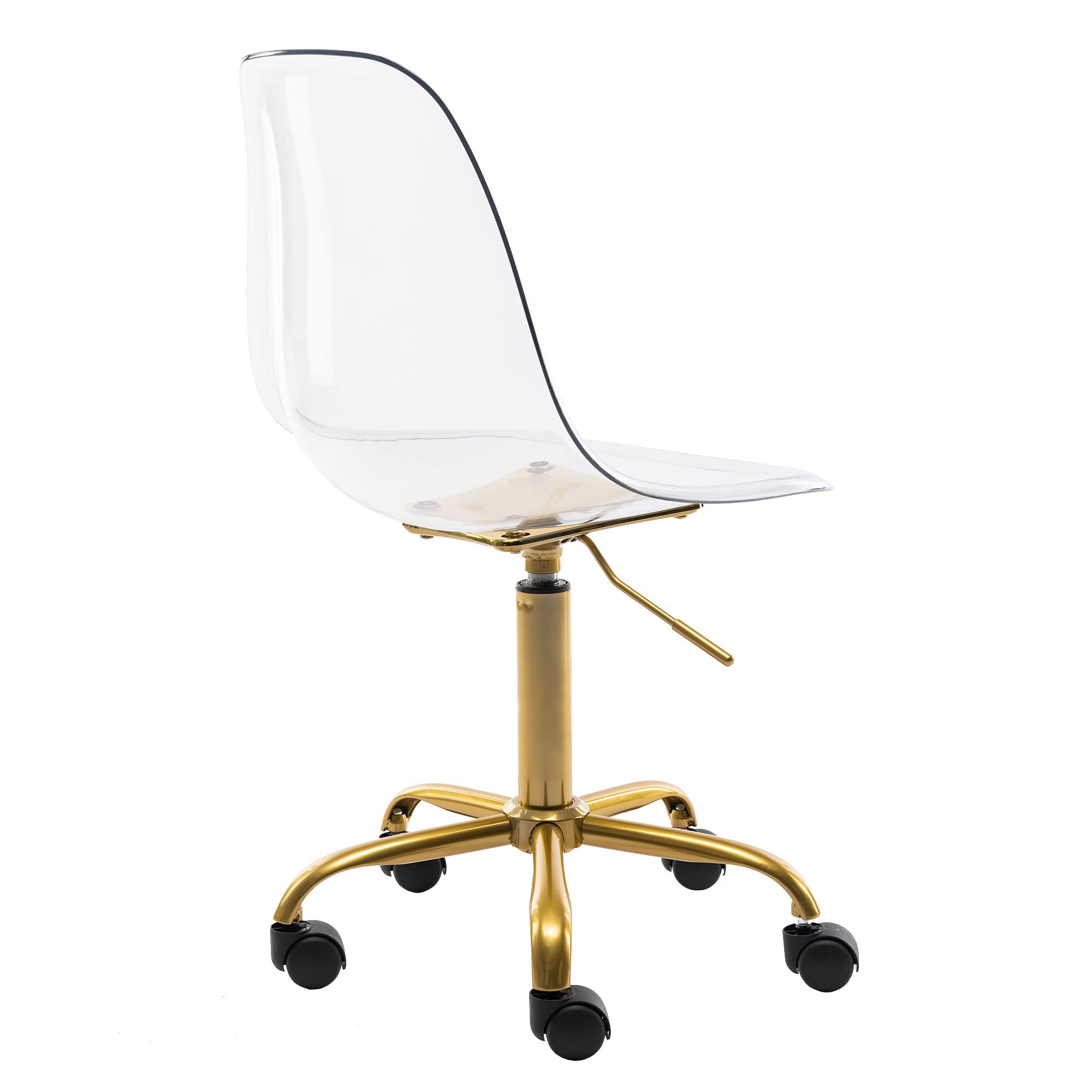 Acrylic Clear Desk Chair with Rolling Wheels & Swivel Base - Height Adjustable Armless Ghost Chair with Golden Feet for Home Office, Vanity, or Study Room