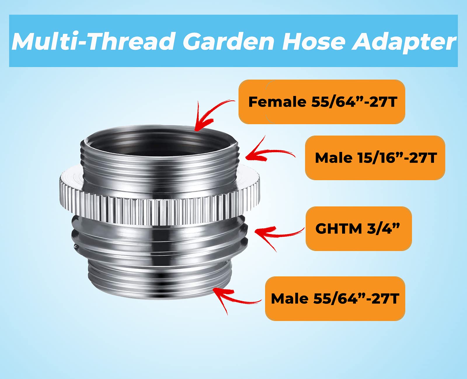 GHA7 Brass Garden Hose Adapter - Multi-Thread Faucet to Hose Connector - Chrome Plated Kitchen Sink Adapter (Female to Male & Male to Male) - Perfect for Outdoor Watering, Car Washing & Pet Bathing