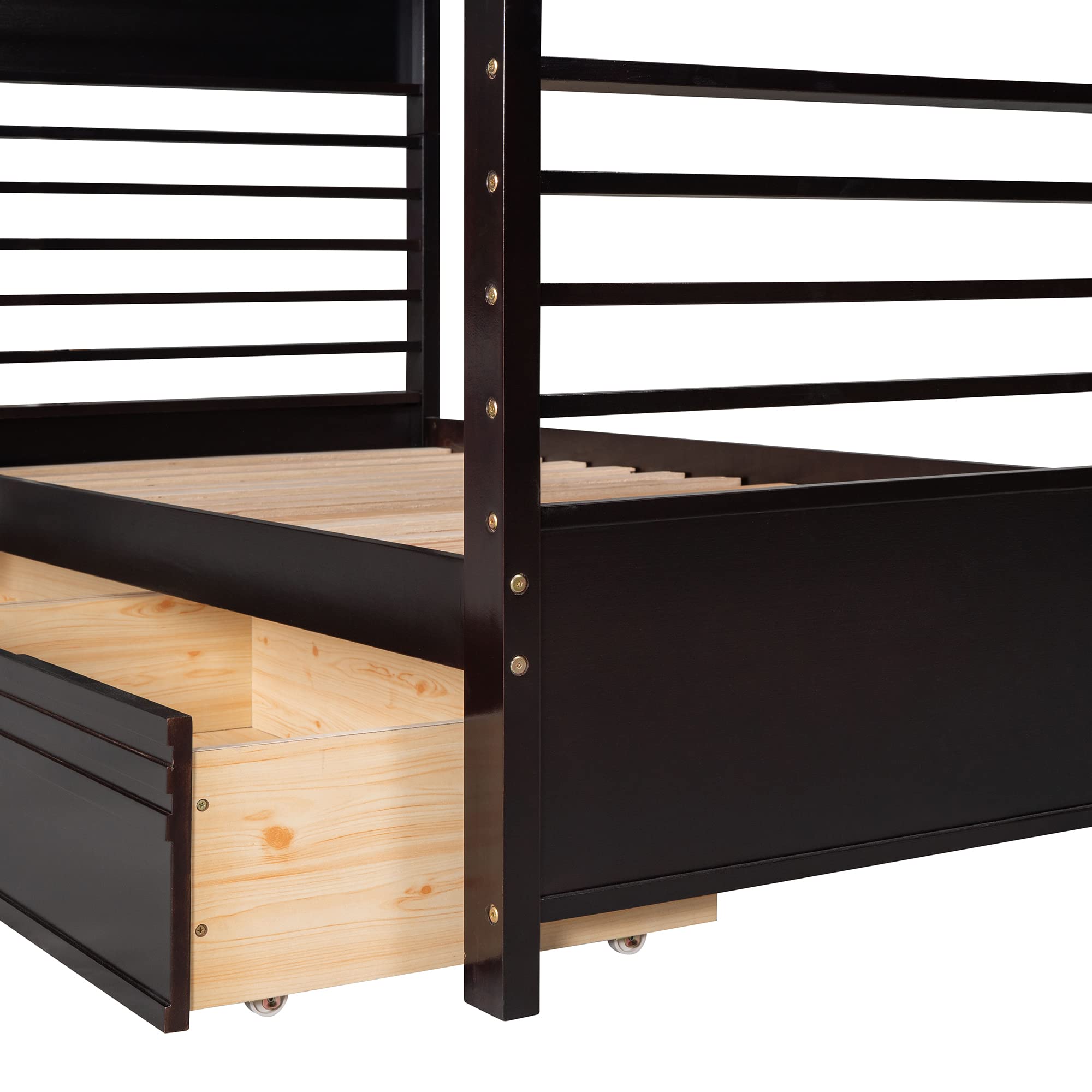 P PURLOVE Twin Over Twin Wood Bunk Bed Frame with 2 Storage Drawers & Removable Ladder - Converts to 2 Single Beds - No Box Spring Needed - Espresso Finish - Perfect for Kids, Teens & Small Bedrooms