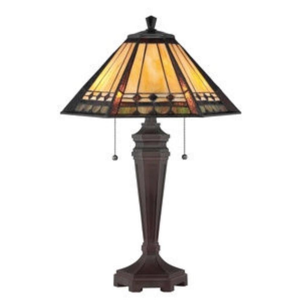 2-Light Mission Tiffany Table Lamp with Geometric Stained Glass Panels & Pull Chains - Russet Tiffany Finish Transitional Table Lamp (71-Bel-802947) - Perfect for Living Room, Bedroom, or Office Decor