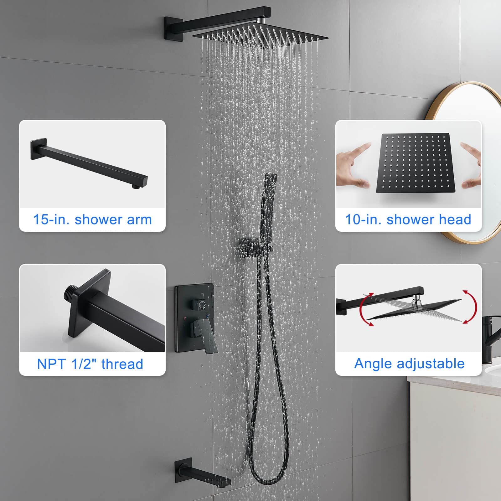 ROVOGO All-Metal Bathtub Shower Faucet Set with 10-Inch Square Rain Shower Head & Handheld Sprayer - Black Complete Shower System (Includes Valve & Trim Kit) for Bathroom Remodel & Spa-Like Experience