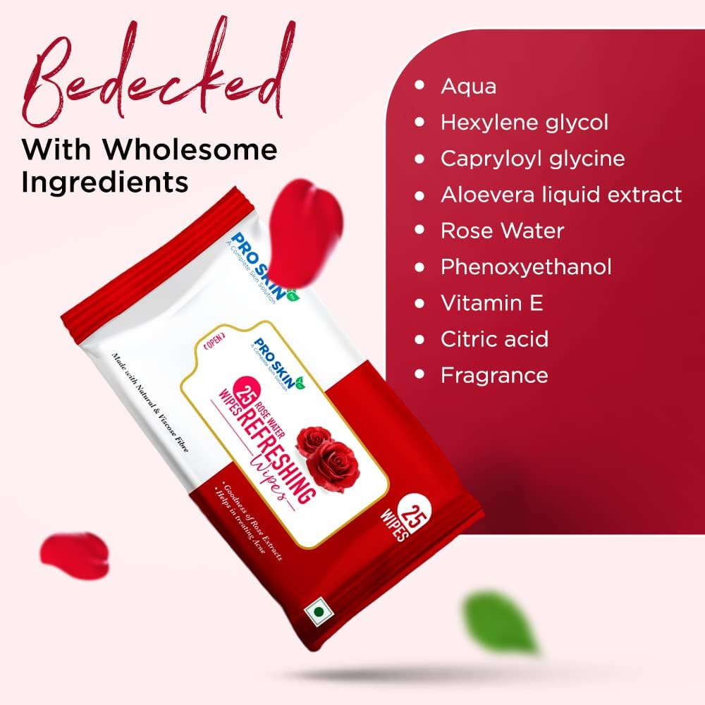 PROSKIN Rose Water Refreshing Facial Cleansing Wet Wipes - Natural Viscose Fiber with Aloe Vera & Vitamin E | Hydrating, Paraben & Alcohol Free | Makeup Removal, Travel & Gym Essentials (50 Wipes, Pack of 2)