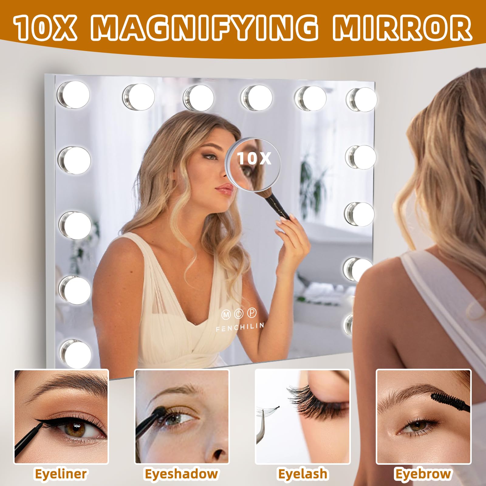 FENCHILIN Hollywood Vanity Mirror with Lights - 14 Dimmable LED Bulbs, 3 Color Modes, Touch Control for Makeup & Skincare - Perfect for Dressing Room, Bedroom & Bathroom (White)
