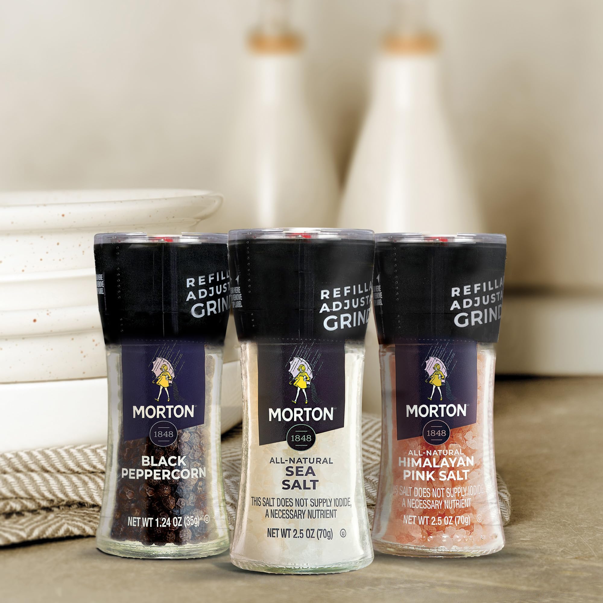 Premium Himalayan Pink Salt, Sea Salt & Black Peppercorn Grinder Set - 3-Pack Adjustable & Refillable Spice Mills (2.5oz Pink Salt, 2.5oz Sea Salt, 1.2oz Peppercorns) - Perfect for Cooking, Seasoning, Steak, Salad & Gourmet Dishes