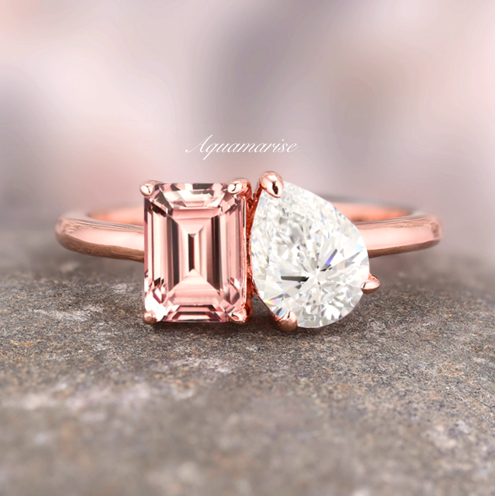 Toi Et Moi Morganite & Cubic Zirconia Ring 14K Rose Gold Vermeil - Elegant Promise Ring for Engagement, Anniversary & Special Occasions