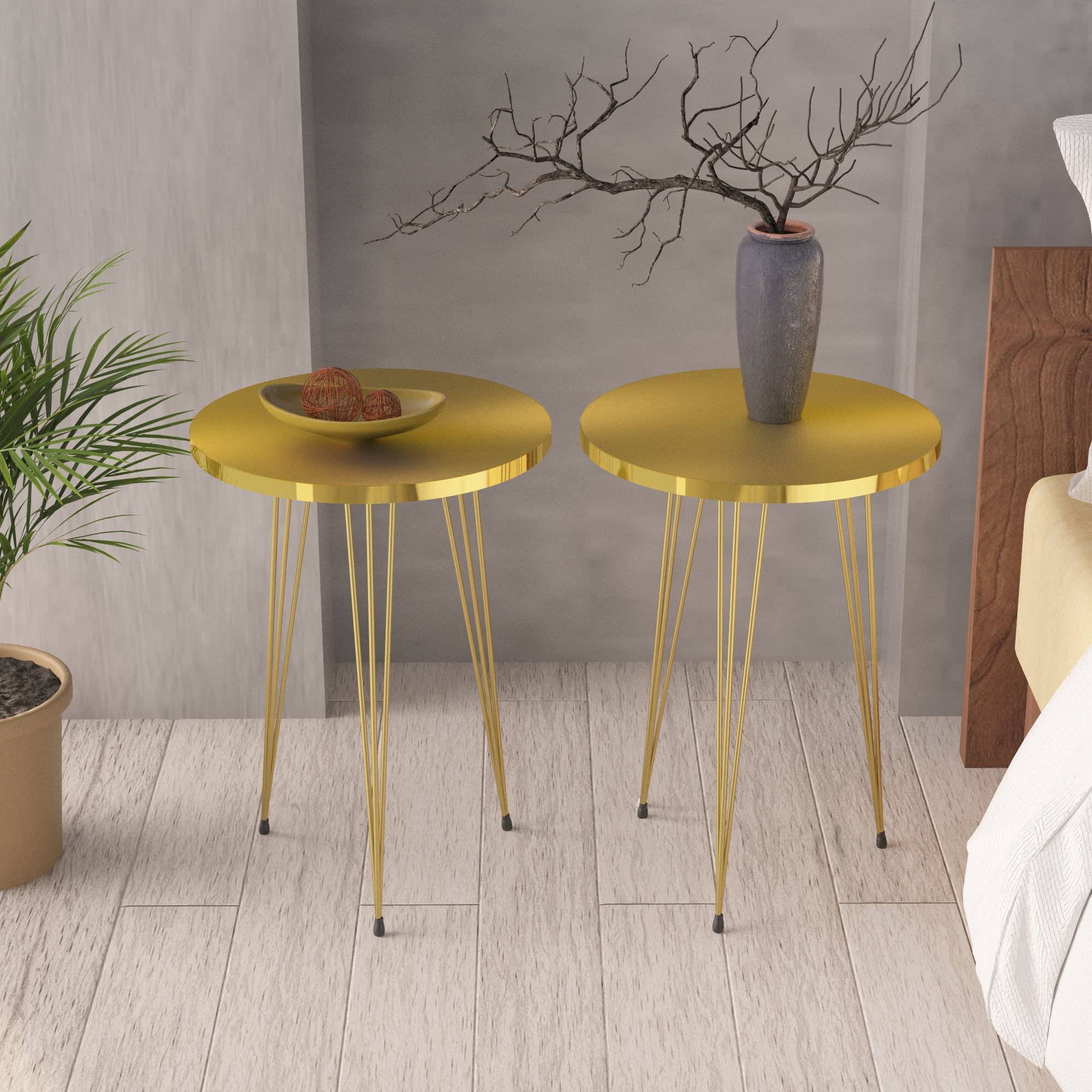 PAK HOME Set of 2 Round High Gloss Gold Side Tables - Modern Wooden Coffee Tables with Metal Legs for Living Room, Bedroom, Office - Perfect Nightstand for Small Spaces & Balcony Decor - Ideal for Reading Nook, Guest Room, or Apartment Furnishing