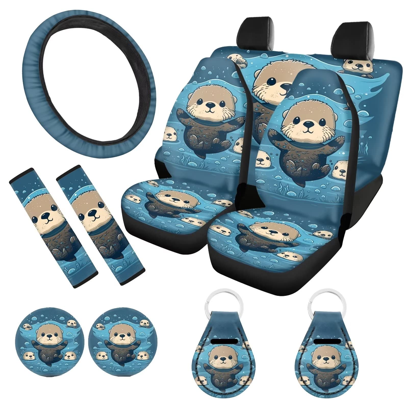 Cute Otter Car Seat Covers Full Set - Universal Fit Front & Back Seat Protector with Steering Wheel Cover, Seat Belt Pads, Cup Coasters & Keychain | Perfect Gift for Women, Car Accessories for Pet Lovers & Daily Commute