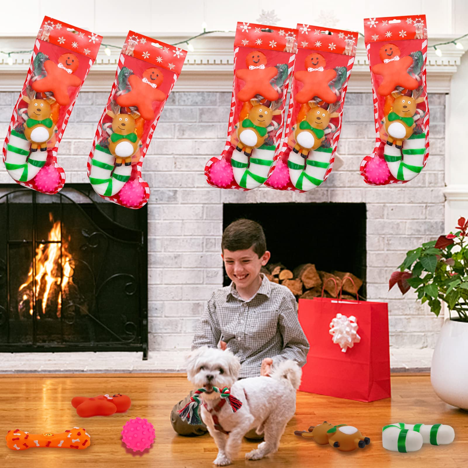 ZALALOVA 6-Piece Christmas Dog Stocking Toys Set - Chew Toys, Santa, Gingerbread Man, Bone, Tree & Candy Cane Shapes - Interactive Ball Gift for Dogs | Holiday Pet Gifts & Puppy Chew Toys for Christmas Decorations