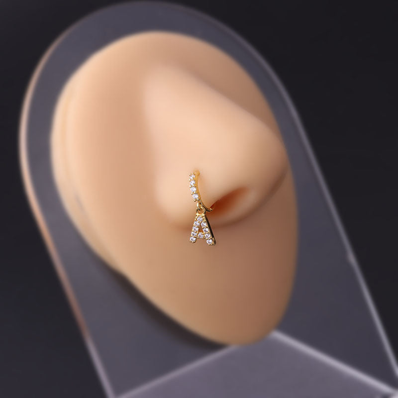 18K Gold Dangle Letter Hoop Nose Ring - Personalized Initial Nose Stud for Women | Trendy Body Jewelry for Parties, Date Night & Everyday Wear (HSPJ676)