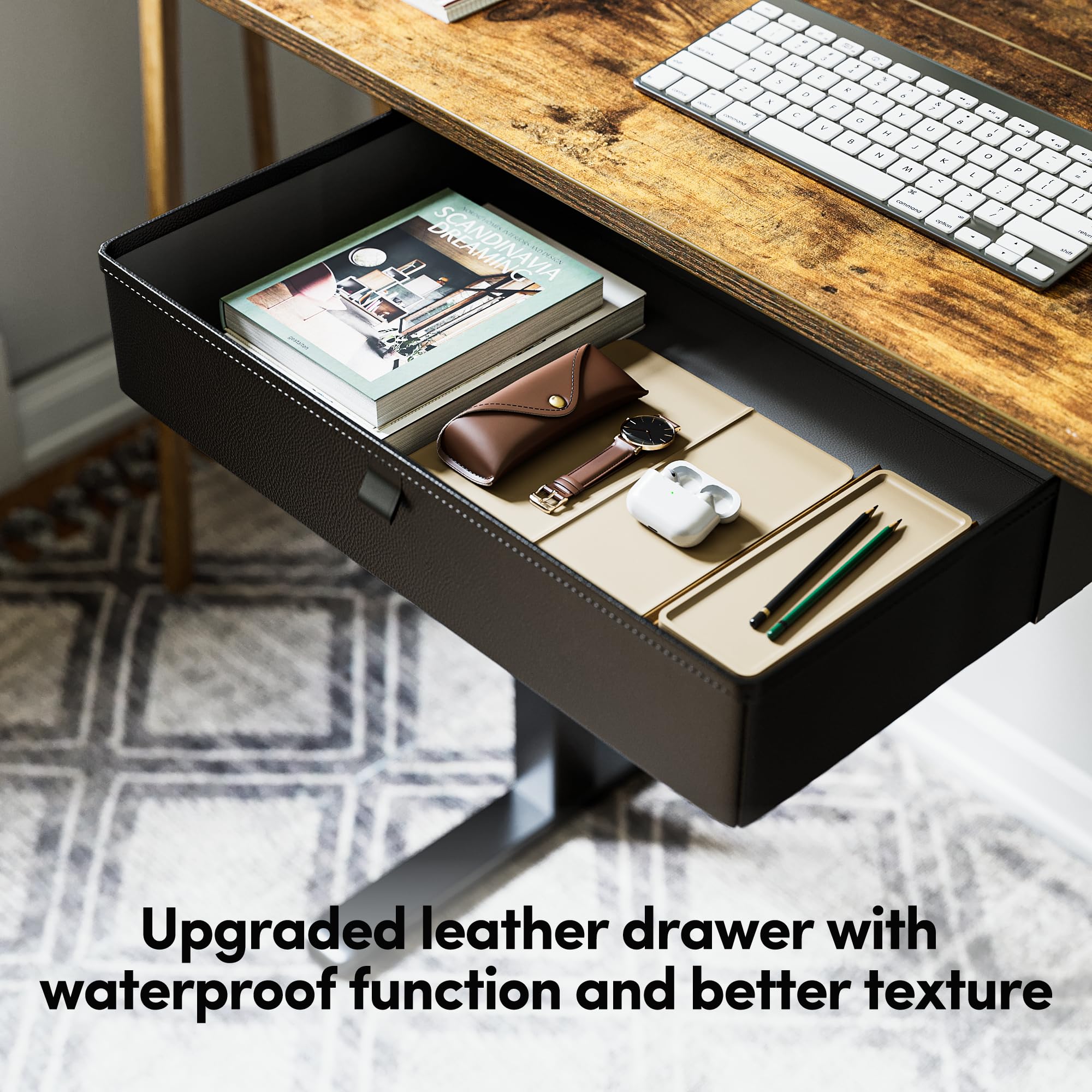 BANTI 48x24 Inches Electric Standing Desk with Drawer - Adjustable Height Sit Stand Workstation for Home Office - Ergonomic Computer Desk in Rustic Brown - Perfect for Remote Work, Gaming & Study Spaces