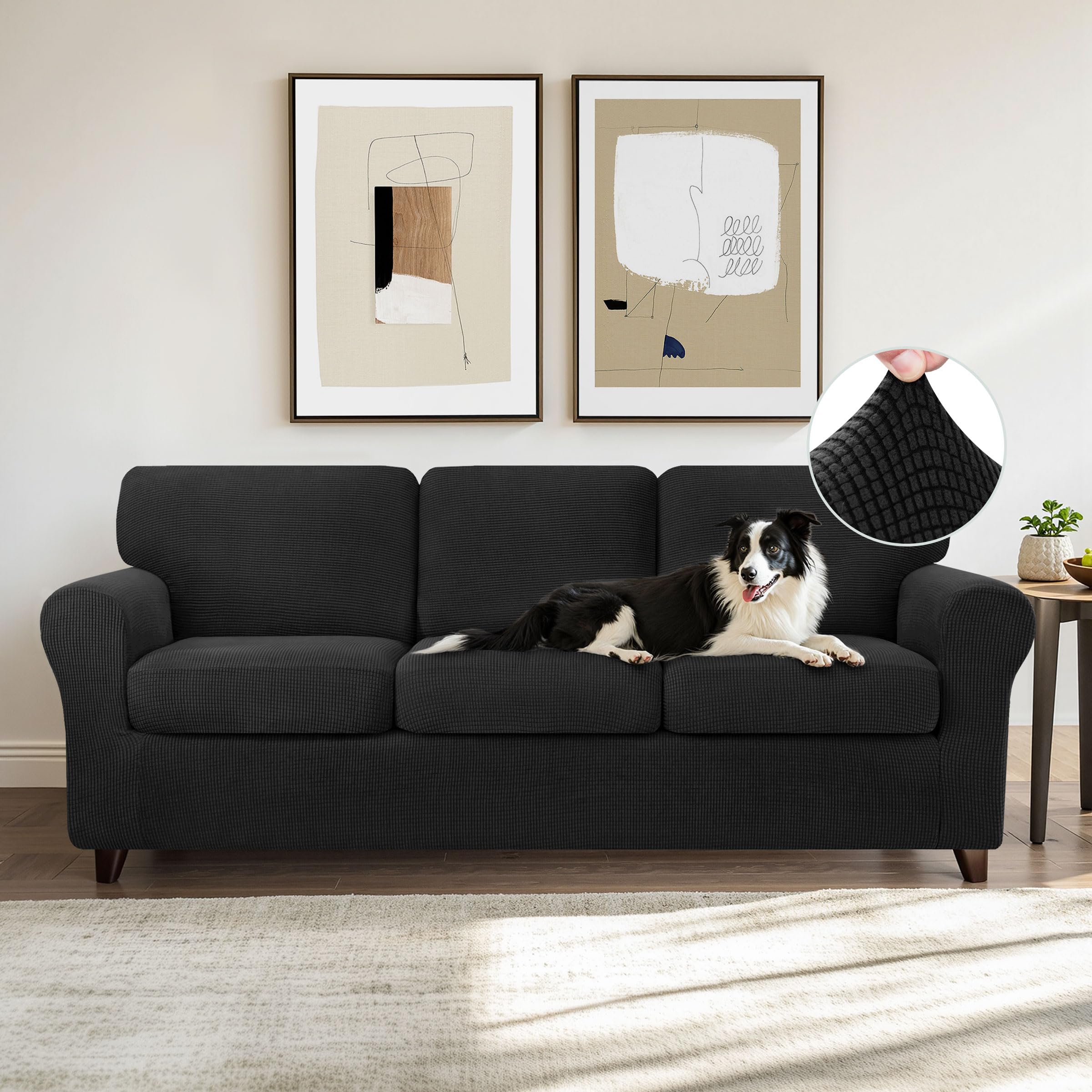 CHUN YI 7-Piece Stretch Sofa Slipcover for 3-Cushion Couch - 3 Seater Couch Cover with Separate Backrest & Cushion Covers, Anti-Slip Washable Furniture Protector for Pets (Large, Black) - Perfect for Pet Owners & Home Decor