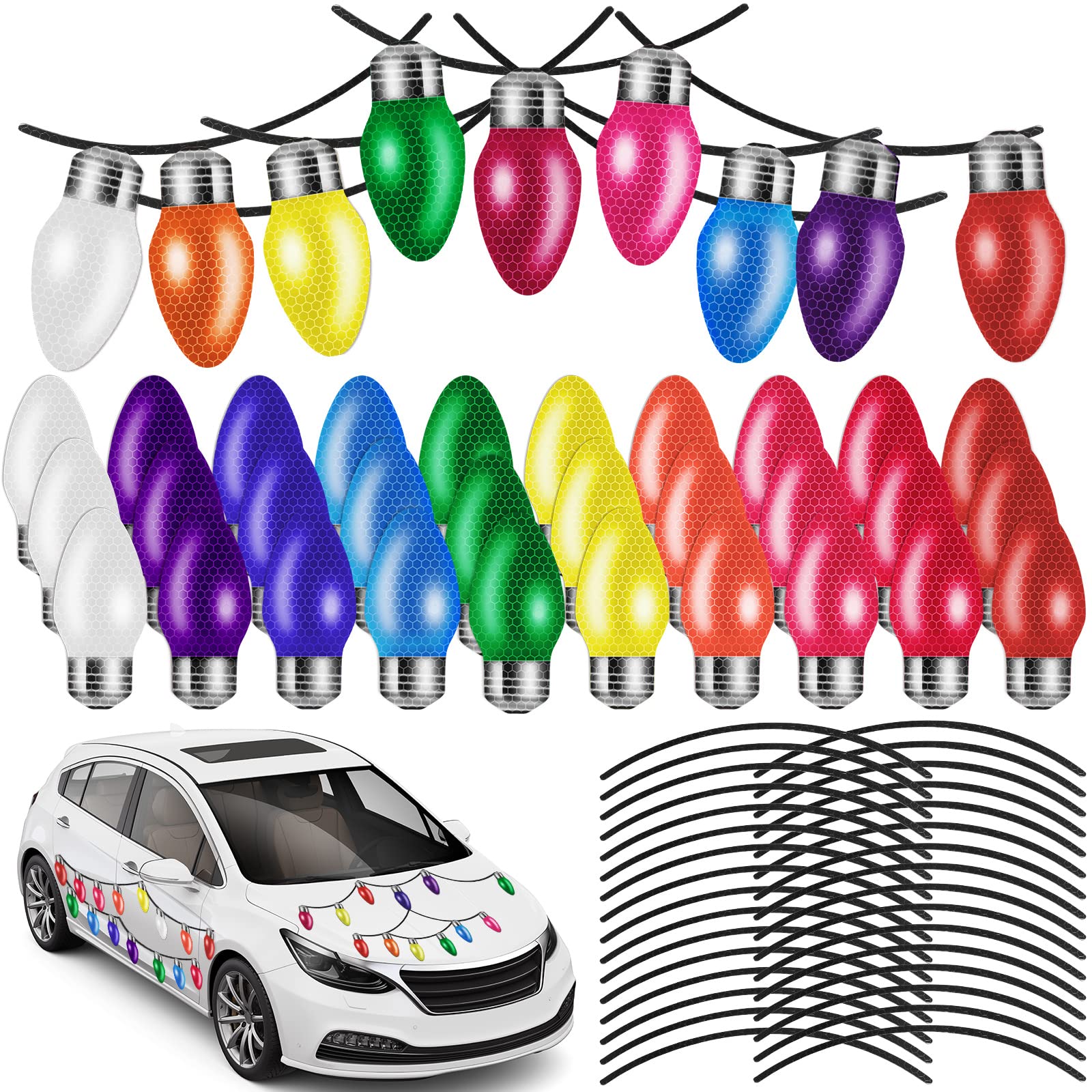 Janmini 48-Piece Christmas Car Magnet Set - 24 Reflective Light Bulb Magnets & 24 Magnet Wires - Holiday Decorative Stickers for Cars, Refrigerators, Doors - Perfect for Christmas Decorations, Vehicle Accessories & Home Festive Decor