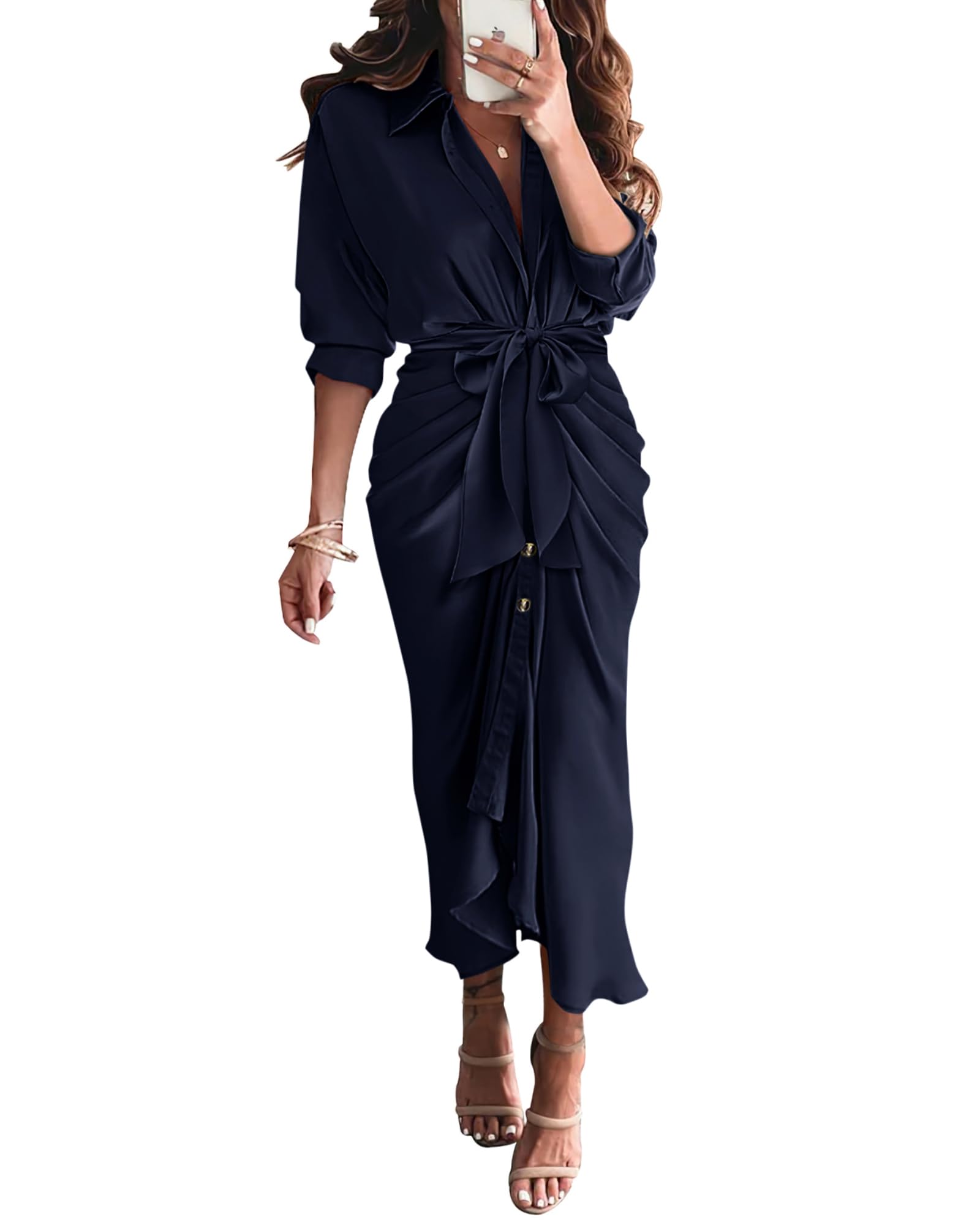 BTFBM Women's Elegant Long Sleeve Satin Dress - V Neck Button Down Lapel Maxi Shirt Dress with Belt & Ruched Detail for Spring Summer 2025 | Perfect for Weddings, Parties & Office Wear