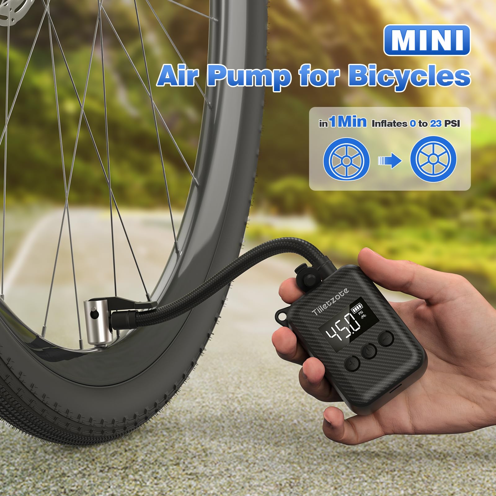 130 PSI Electric Mini Bike Pump - Portable Rechargeable Bicycle Tire Inflator with Pressure Gauge & Auto Shutoff - Compatible with Presta & Schrader Valves - Perfect for Mountain, Road and City Bikes - Ideal for Commuting, Cycling Trips and Emergency Tire Inflation