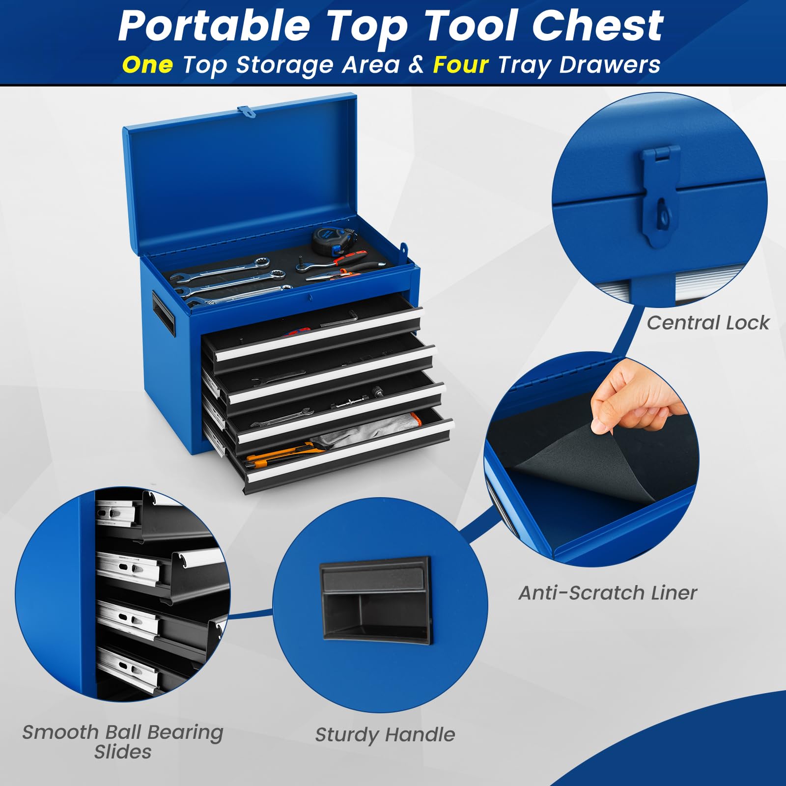 ERGOMASTER Heavy Duty 5-Drawer Rolling Tool Chest with Lockable Cabinet - Removable Storage for Garage, Workshop & DIY Projects - Durable Blue Tool Box for Professional Mechanics & Home Improvement