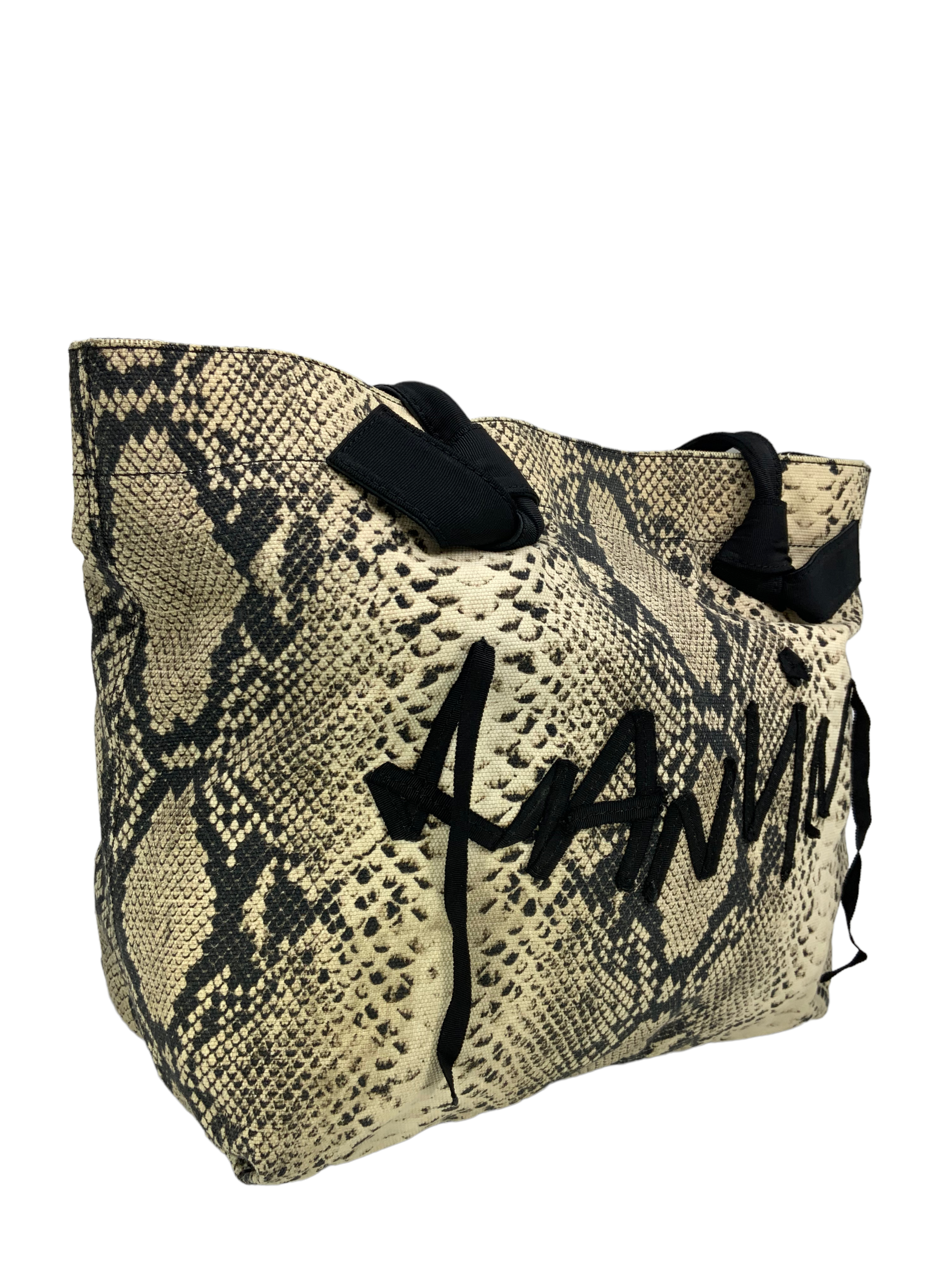 LANVIN Python Snakeskin Printed Canvas Tote Bag with Ribbon Logo - Luxury Designer Handbag for Women, Perfect for Work, Travel and Everyday Use