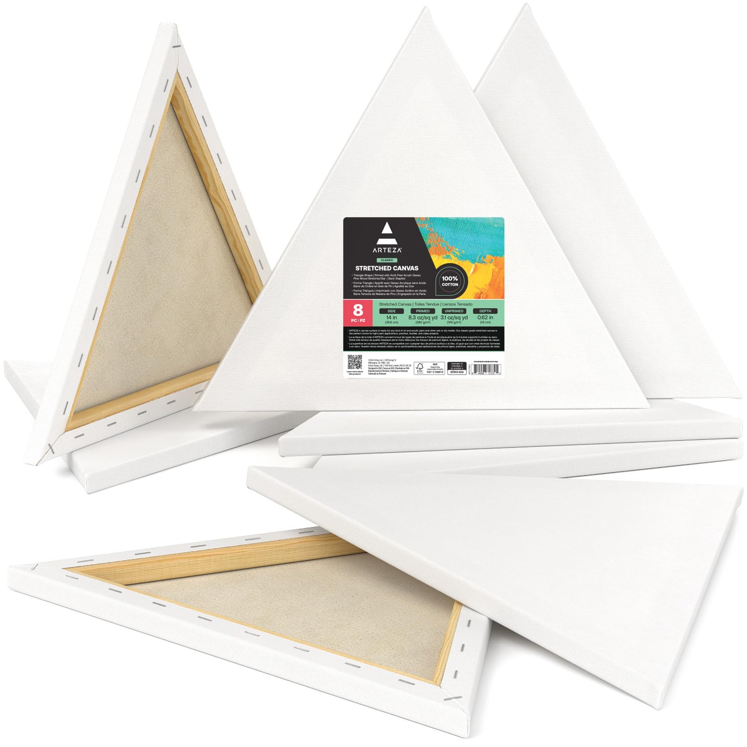 ARTEZA 14 Inch Triangle Stretched Canvas - Pack of 8 White Blank Artist Canvases for Acrylic, Oil & Gouache Painting - Perfect for Studio Art, Home Decor & DIY Projects