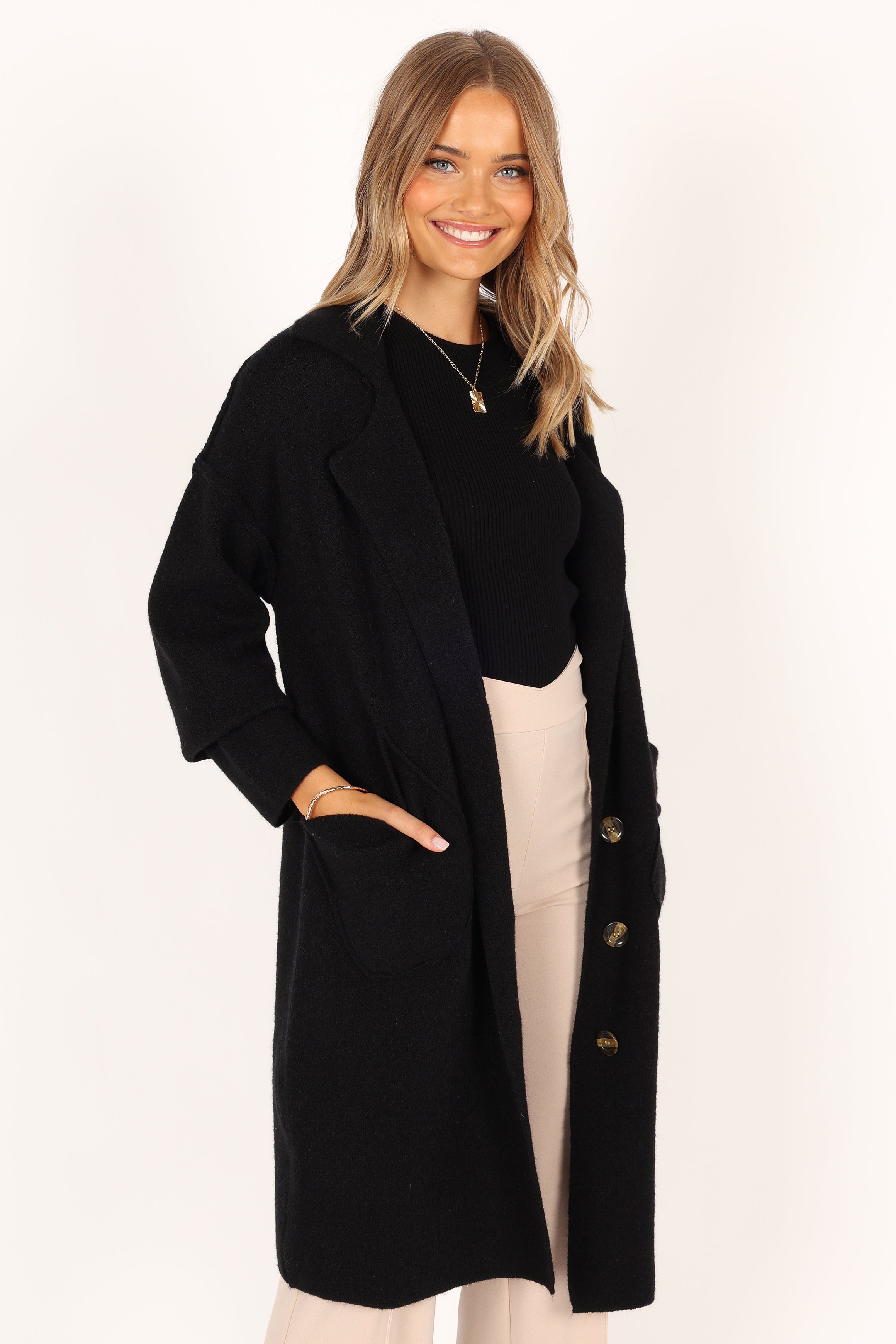 Ivy Button Front Coatigan - Black | Stylish Knit Cardigan for Women | Perfect for Fall & Winter Layering, Office Wear & Casual Outfits
