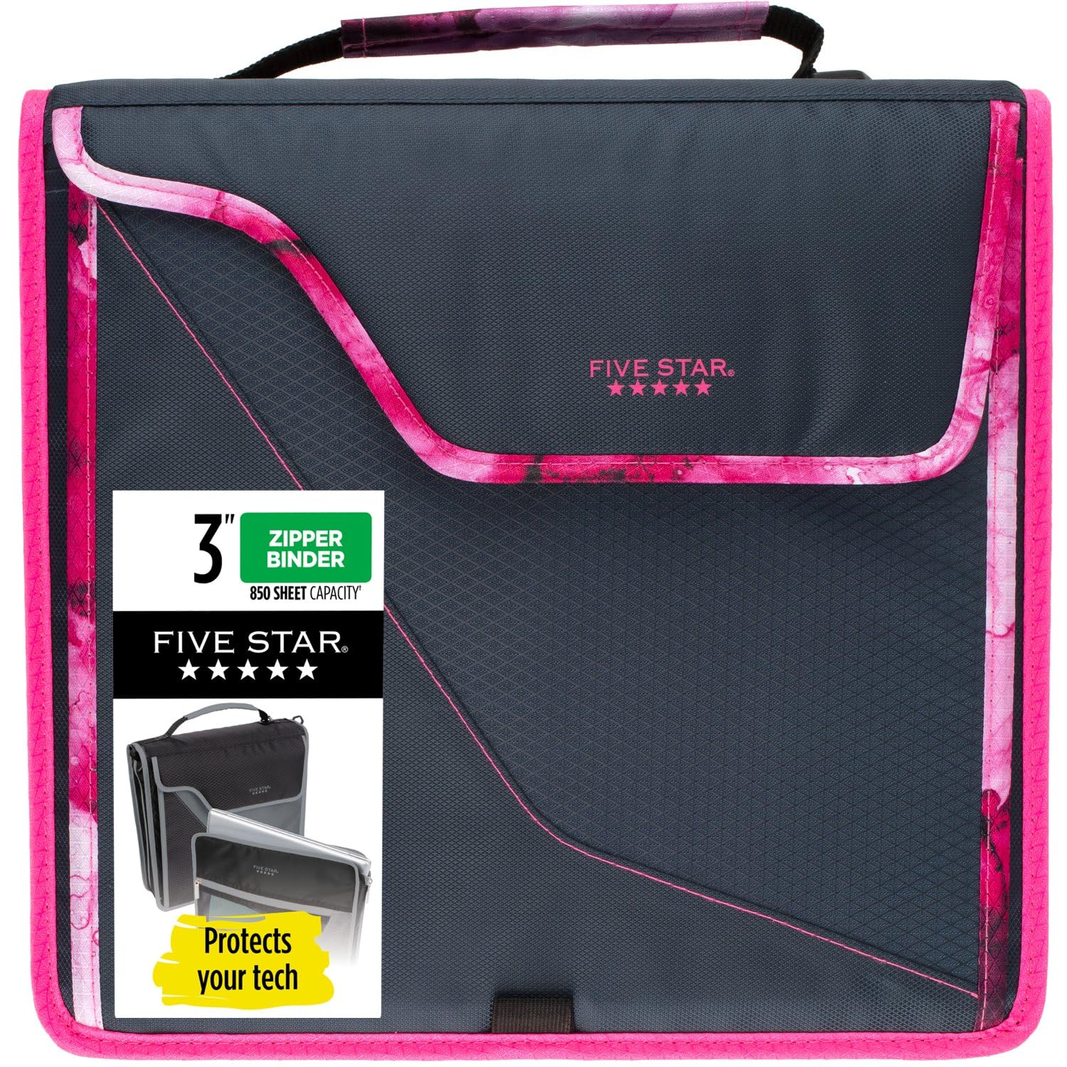 Five Star 3 Inch 3-Ring Binder with Zipper - 850 Sheet Capacity School Binder, 5-Tab Expanding File Organizer, Removable Padded Case - Navy & Pink (292960D) - Perfect for Students, Office Work & Document Storage