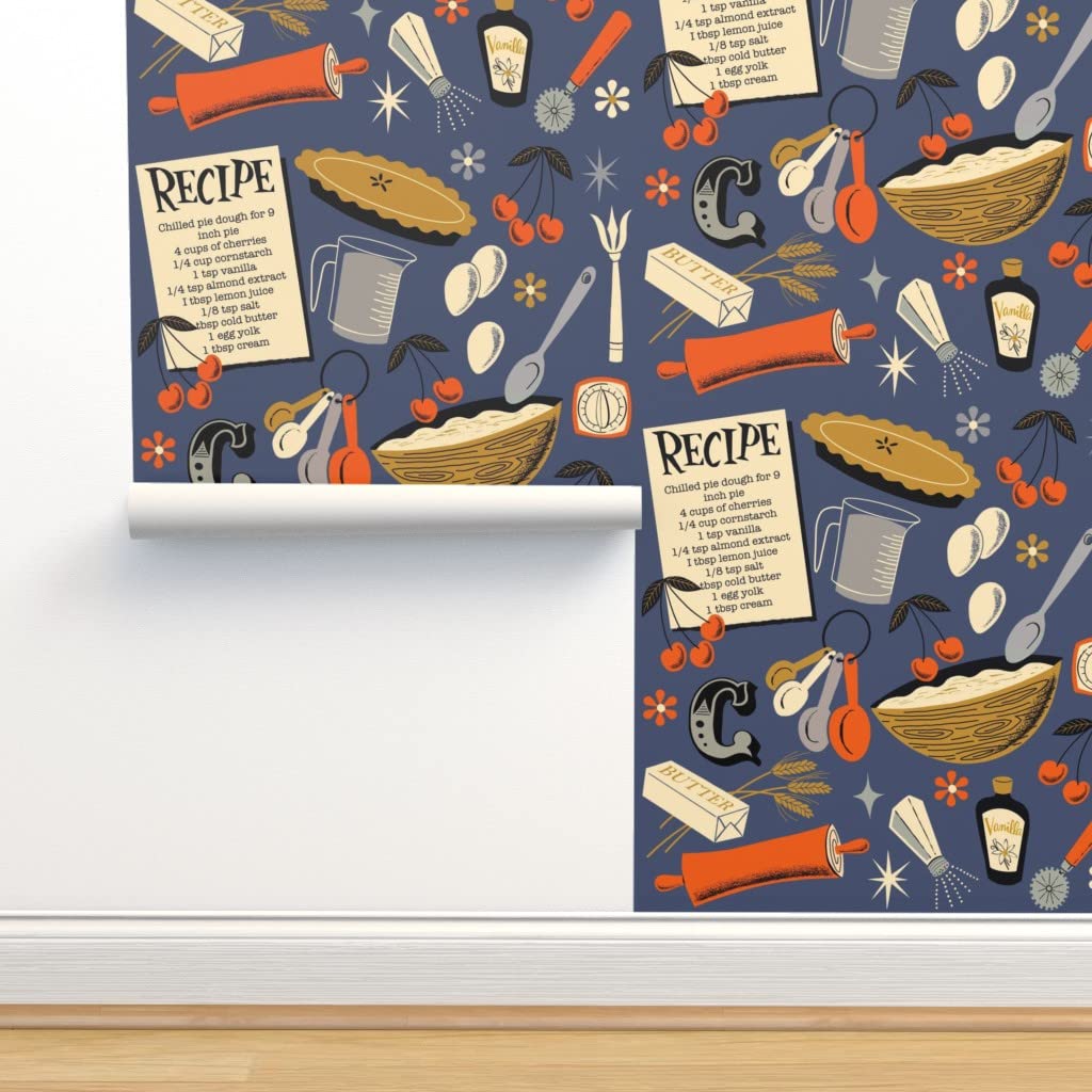 Removable Wallpaper 9ft x 2ft - Cherry Pie Fruit Pattern Kitchen Decor, Food & Cooking Themed Peel & Stick Wallpaper by Spoonflower - Perfect for Baking Recipe Displays, Pantry Accents & Home Renovation Projects
