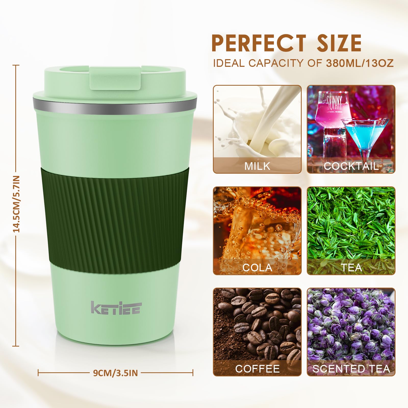 KETIEE 12oz Vacuum Insulated Stainless Steel Travel Coffee Mug - Leakproof Lid, Double Wall Thermal Tumbler for Hot & Cold Drinks - Reusable Coffee Cup for Commuting, Camping & Office (Green)