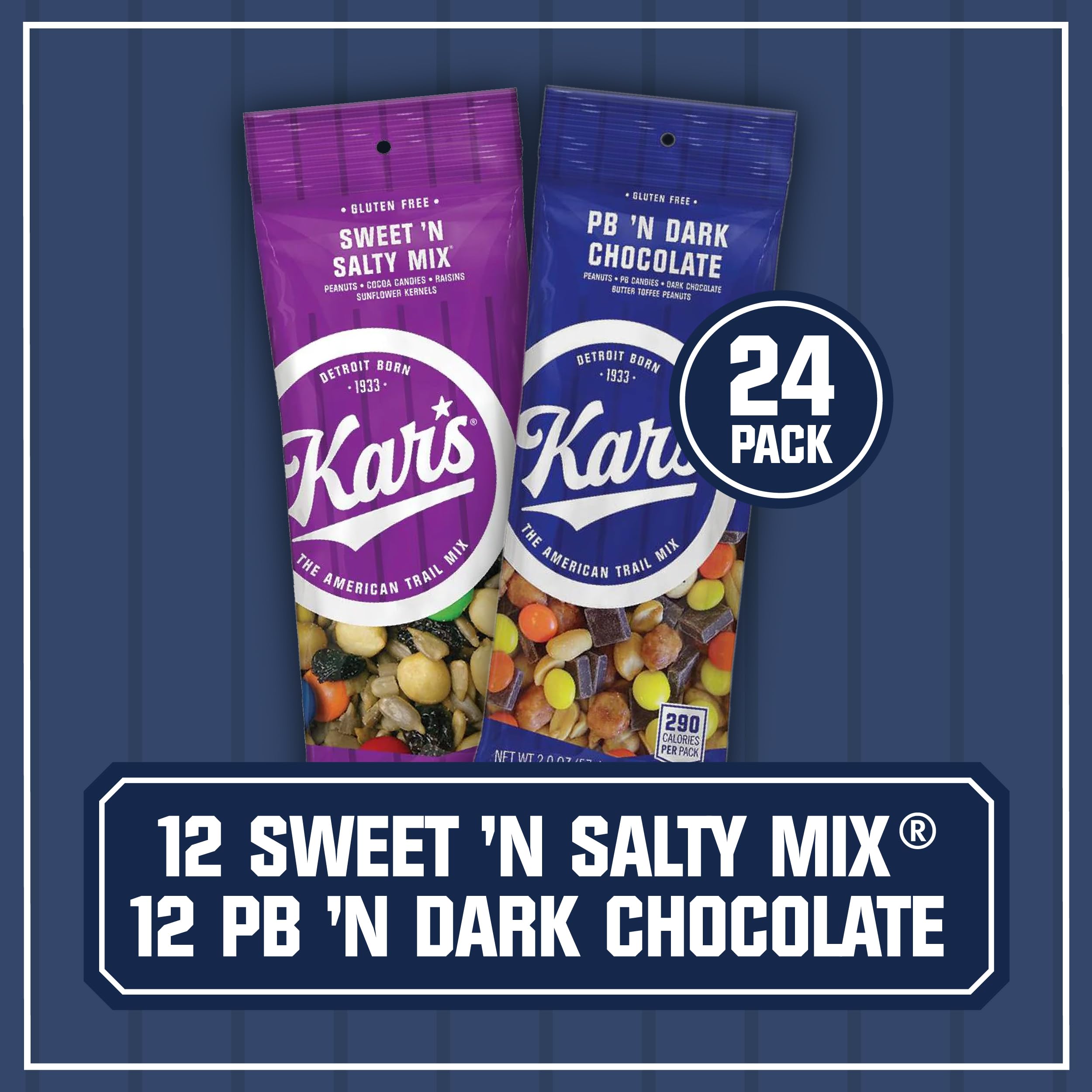 Kar's Nuts Variety Pack Trail Mix - Sweet & Salty Snacks, Peanut Butter Dark Chocolate Mix, 2oz Single Serve Bags (24 Pack) | Healthy On-the-Go Snacks for Hiking, Office & School Lunch