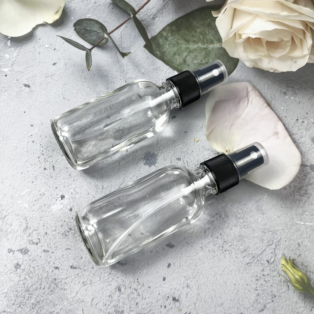 60ml Clear Glass Spray Bottles (2 Pack) - Refillable Fine Mist Travel Spray Bottles for Essential Oils, Perfume, Hair Care & Aromatherapy | Includes Extra Nozzle | Perfect for DIY Beauty, Home Cleaning & On-the-Go Use