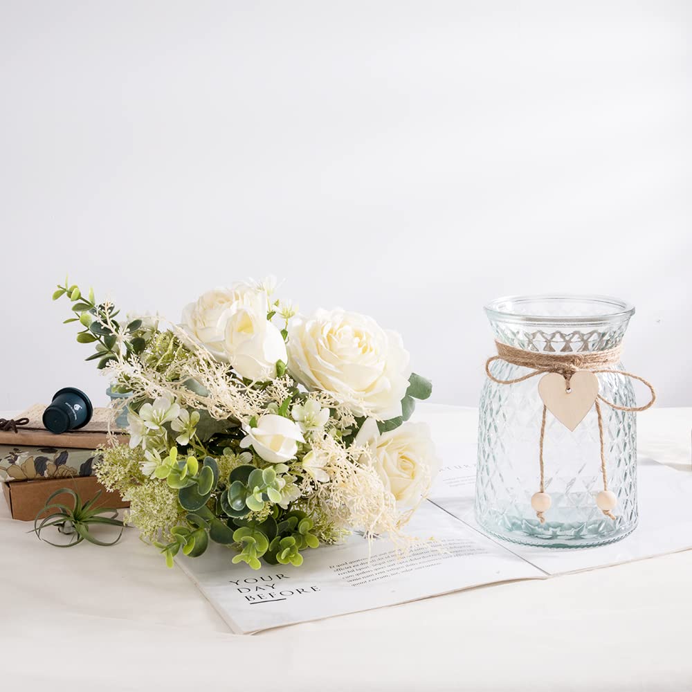 Silk Rose Flowers in Glass Vase - Artificial White Rose Floral Arrangement for Home Decor, Wedding Centerpiece & Table Decoration | Elegant Fake Roses for Living Room, Dining Table & Office Desk