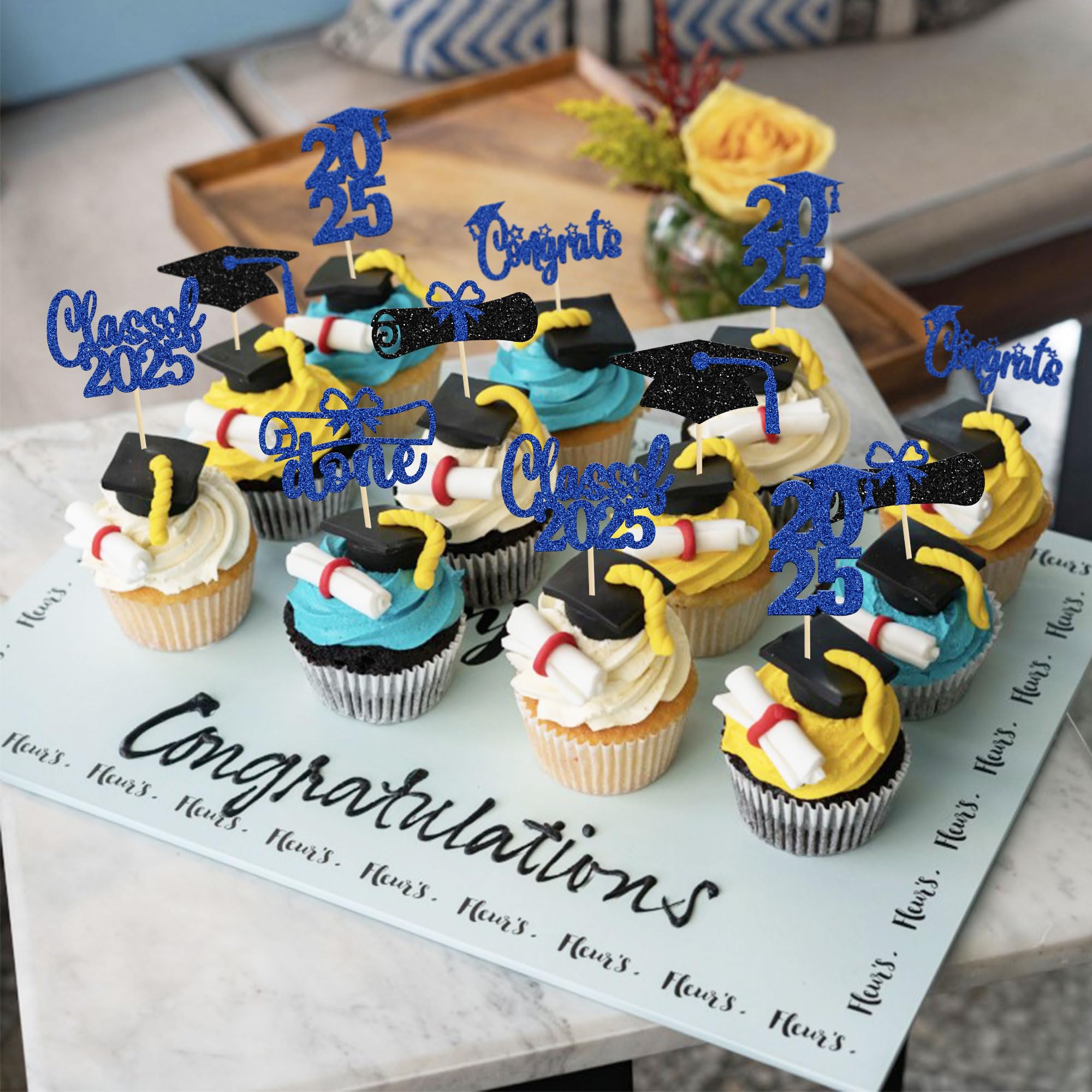 24 Pack 2025 Graduation Cupcake Toppers - Blue Glitter Congrats Class of 2025 Diploma Grad Cap Cake Decorations - Perfect for Graduation Party, School Celebration & Dessert Table Decor